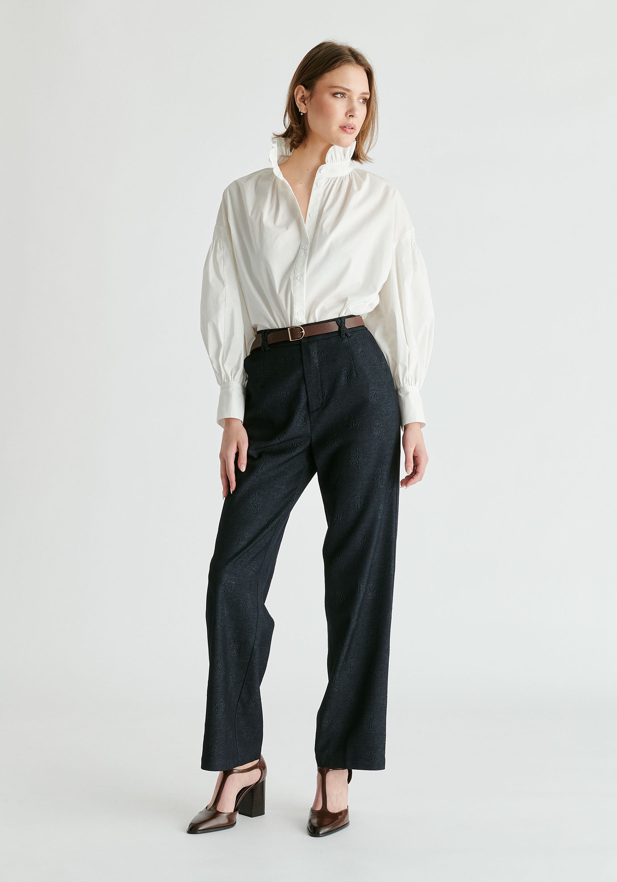 Denim Effect Trousers in Embossed Print In Dark Denim Blue Front