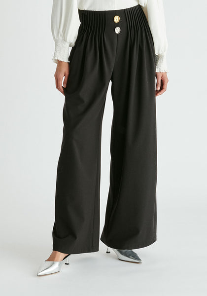 Wide Leg Trousers with Pleated Waist Detail in Black | Trousers