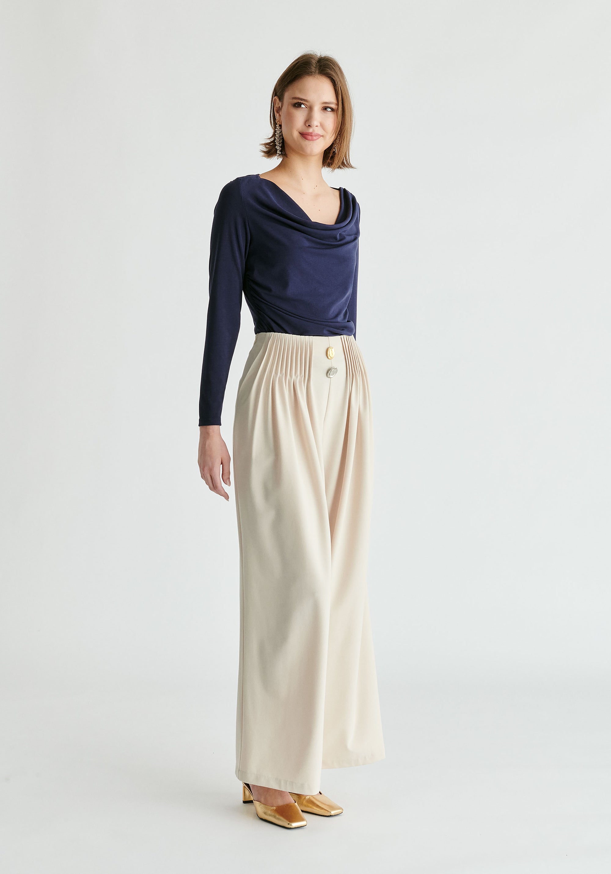 Wide Leg Trousers with Pleated Waist Detail in Cream Side