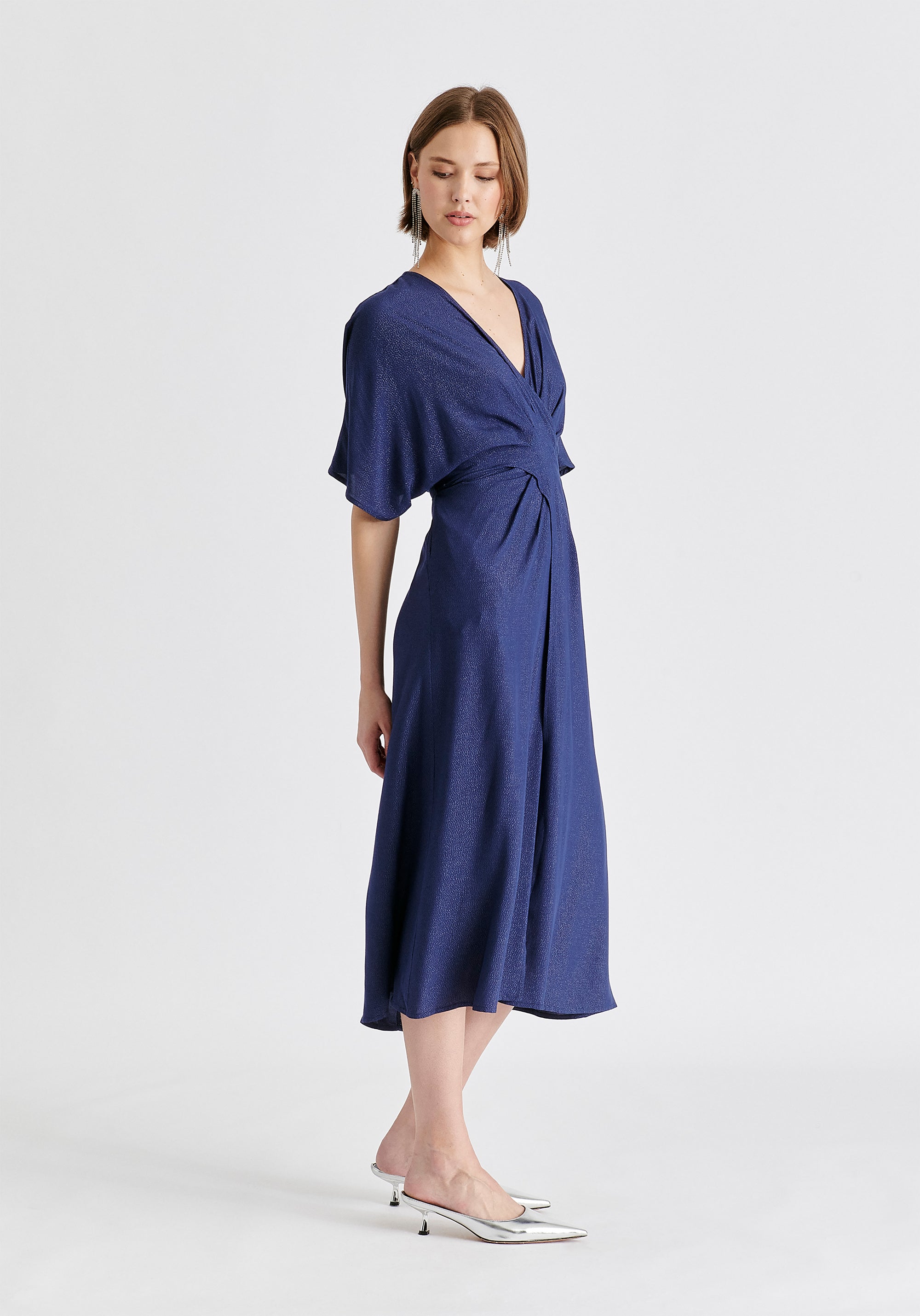 Sparkled Midi Wrap Dress with Pleated Details in Navy Side