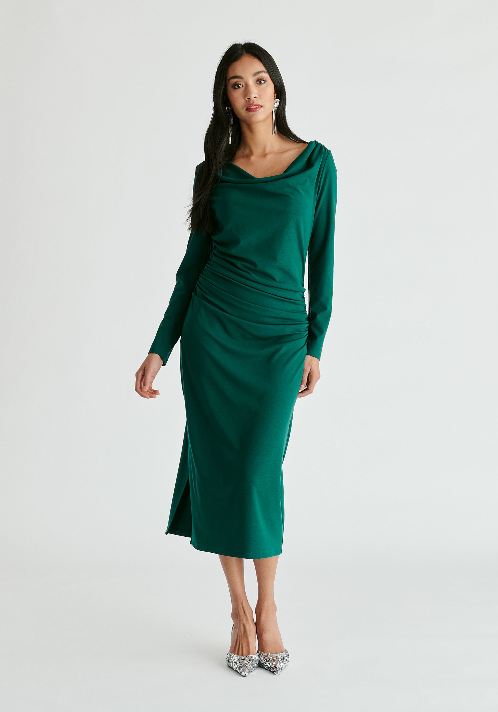 Ruched Jersey Dress with Draped Neck in Green