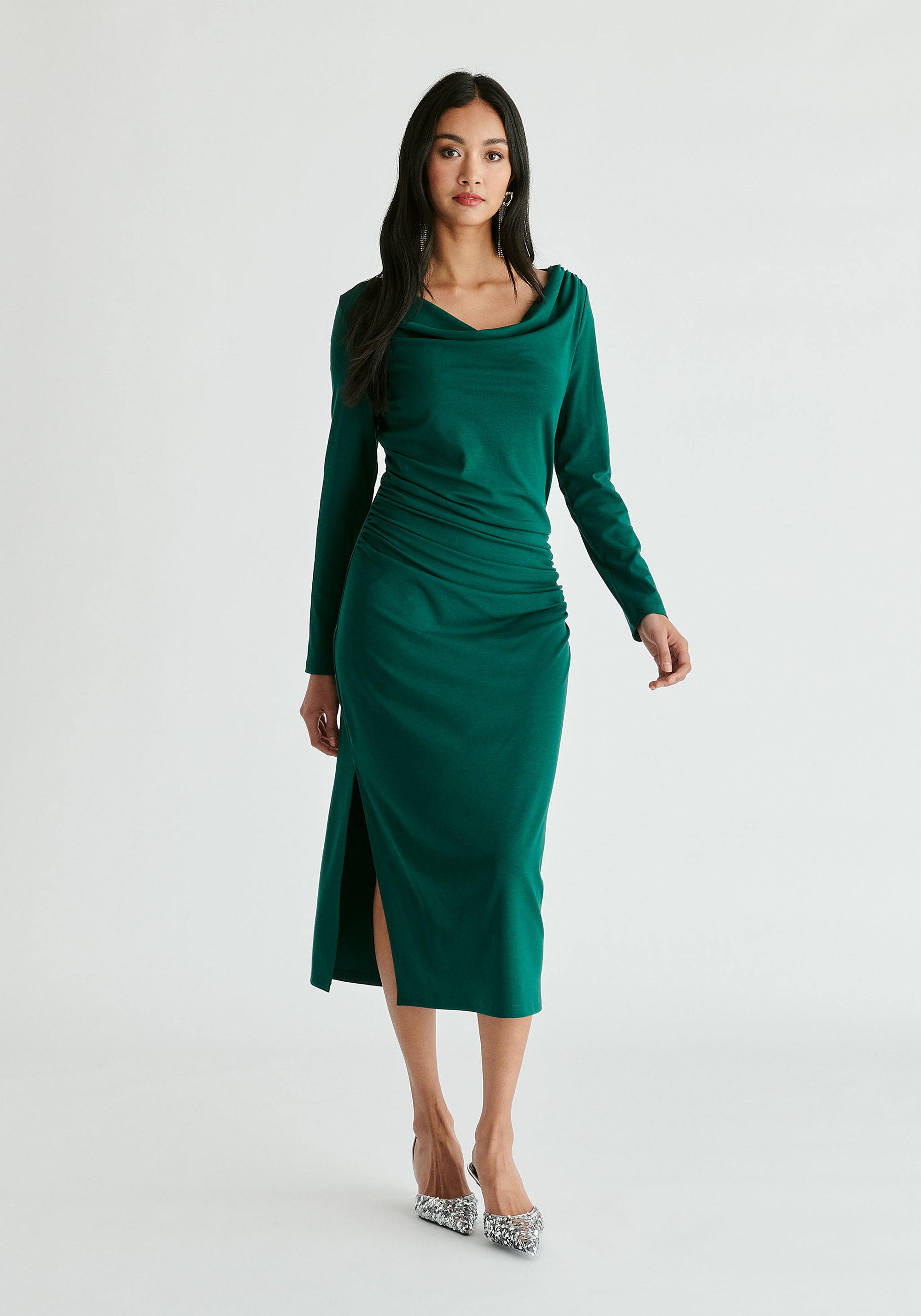 Ruched Jersey Dress with Draped Neck in Green Front