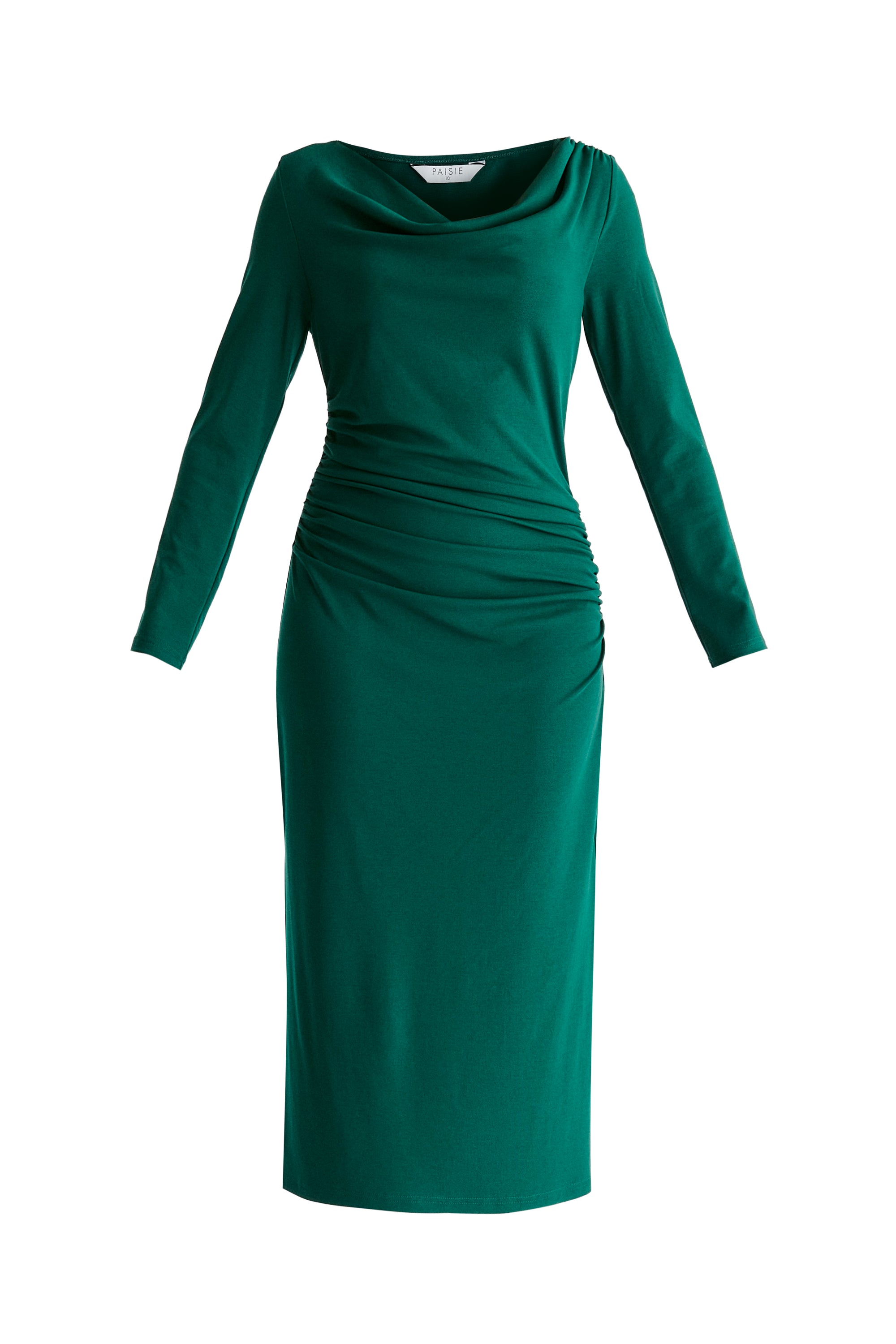 Ruched Jersey Dress with Draped Neck in Green Cutout