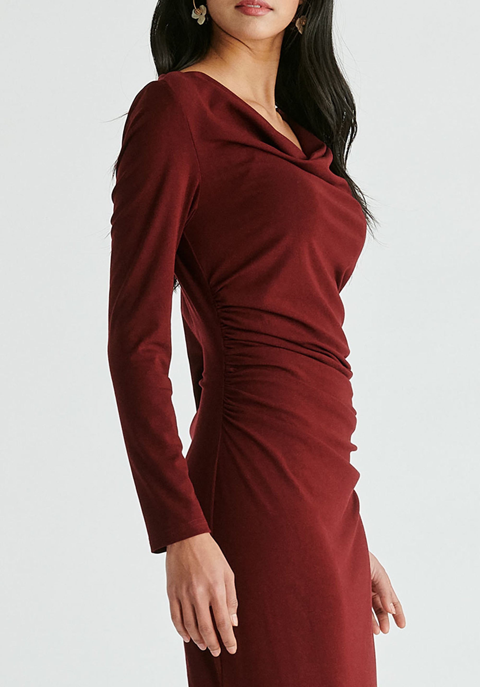 Ruched Jersey Dress with Draped Neck in Burgundy