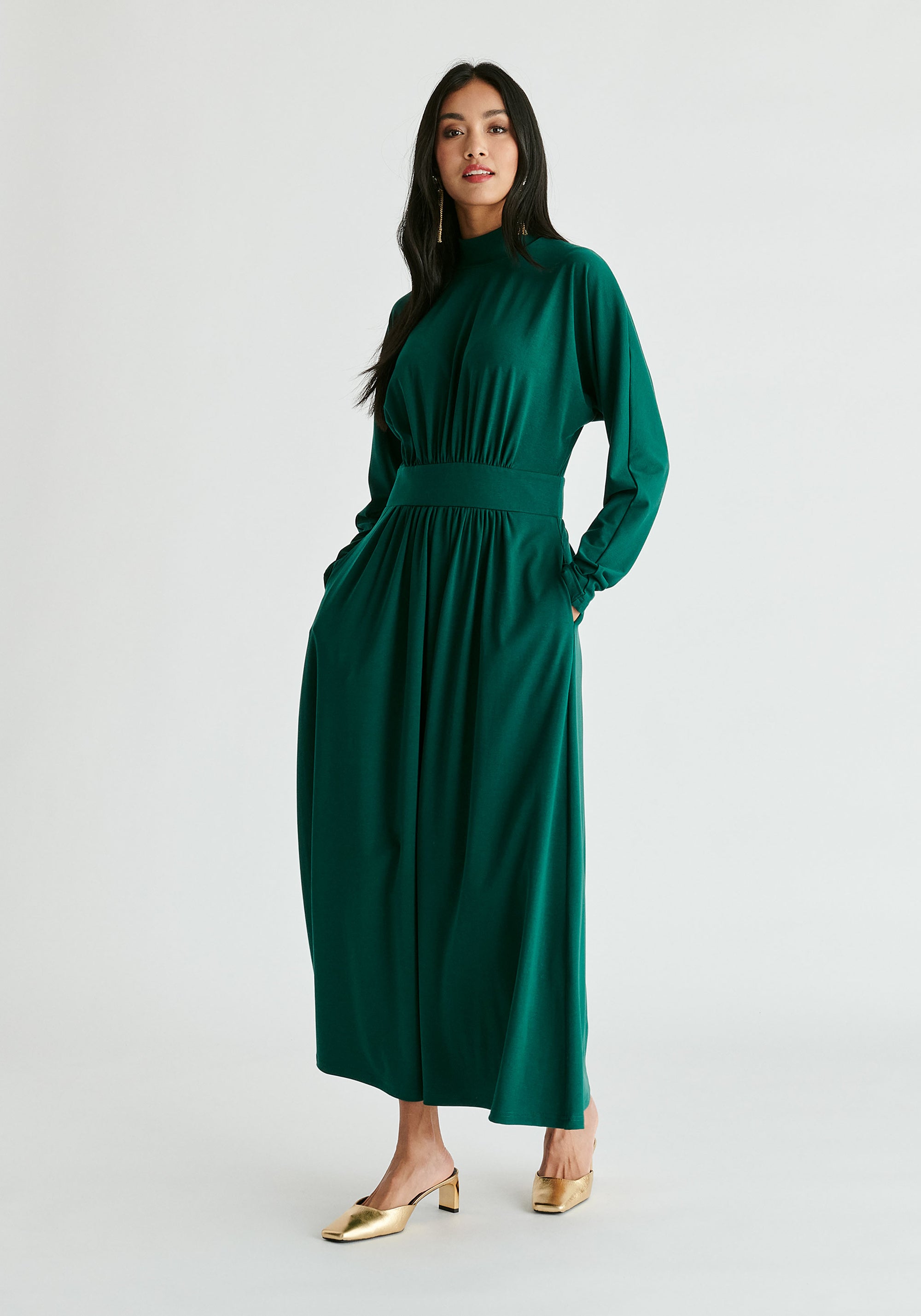 High Neck Jersey Midaxi Dress in Green Front