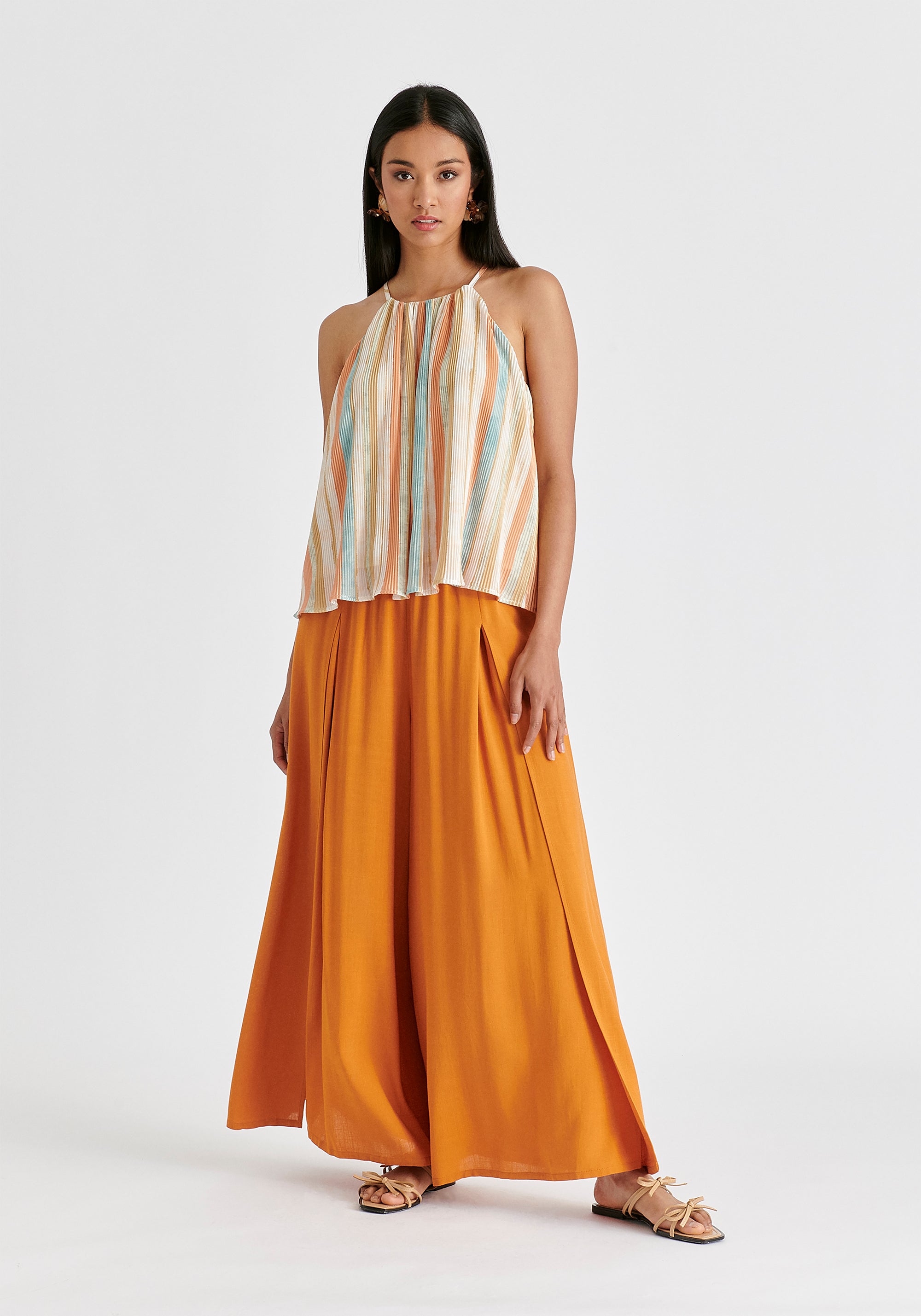 Halter Neck Plisse Top with Belt in White, Blue, Orange and Gold