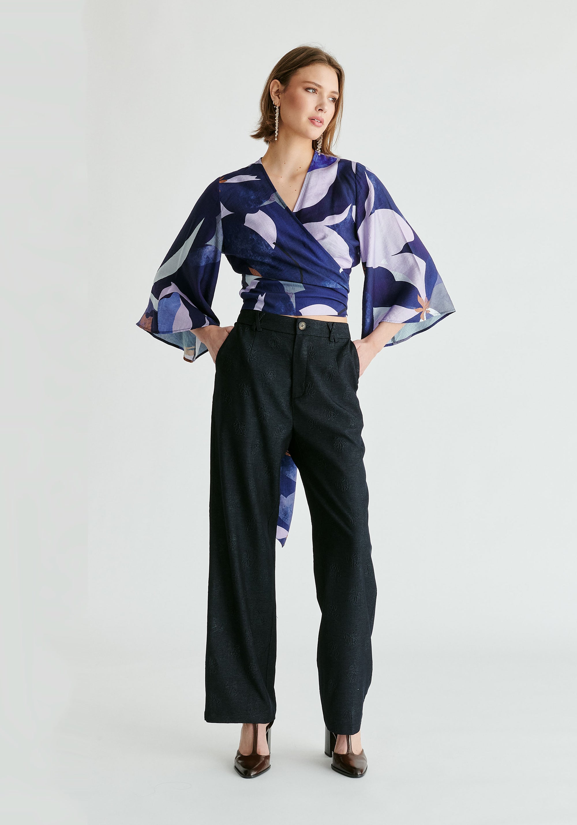 Kimono Wrap Blouse in Blue Multi Front