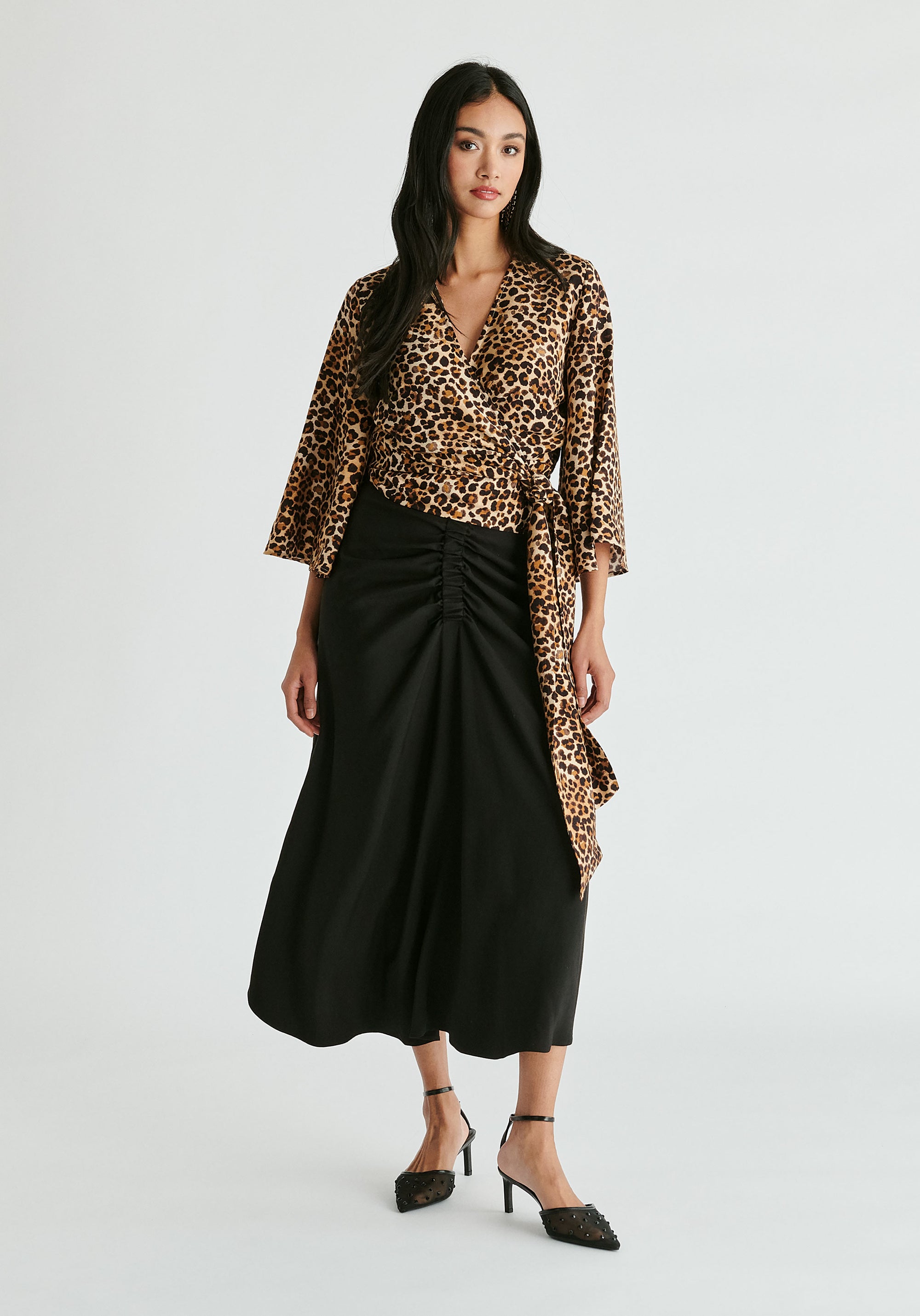 Kimono Wrap Blouse in Leopard Print Front