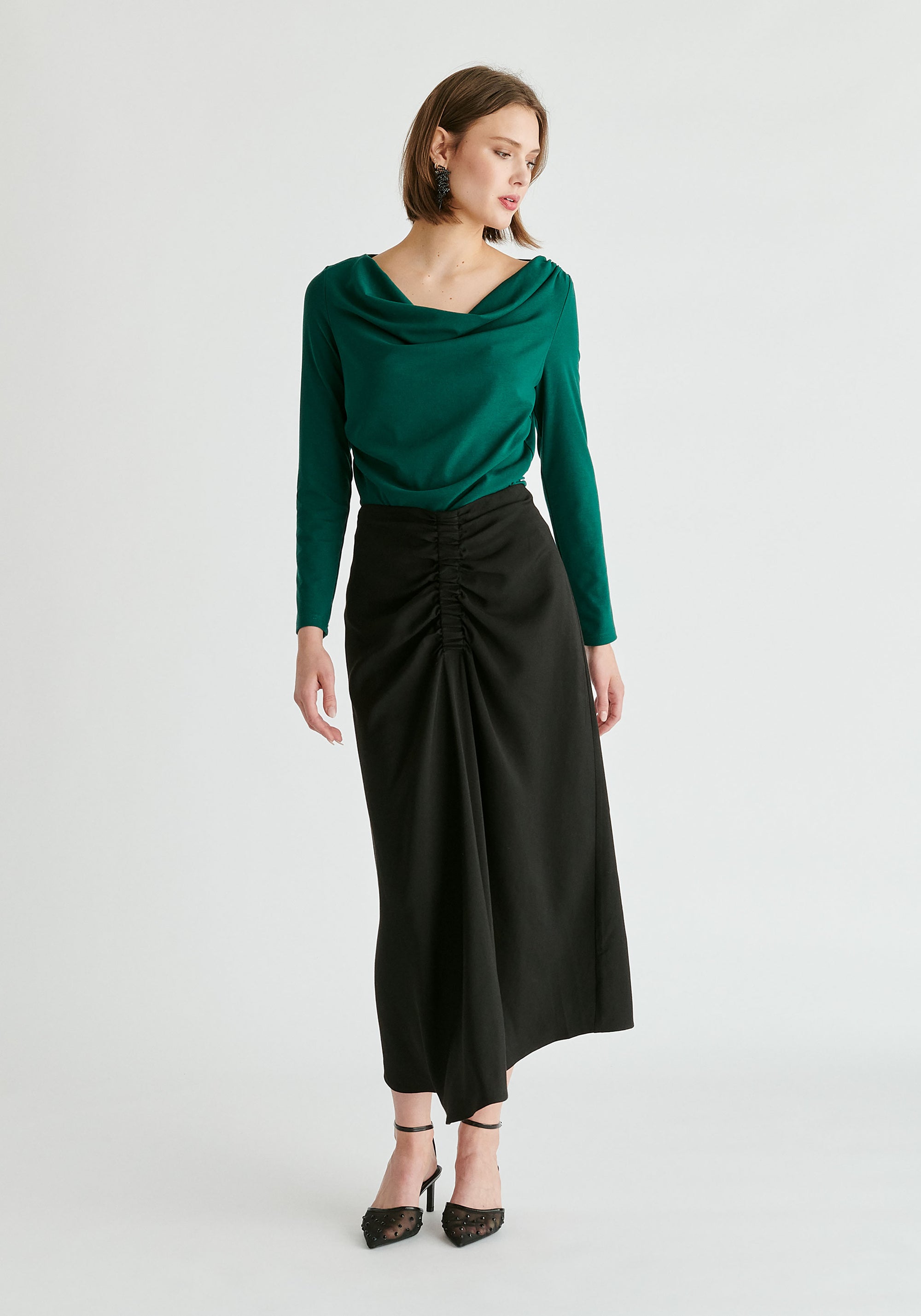 Ruched Jersey Top with Draped Neck in Green Front