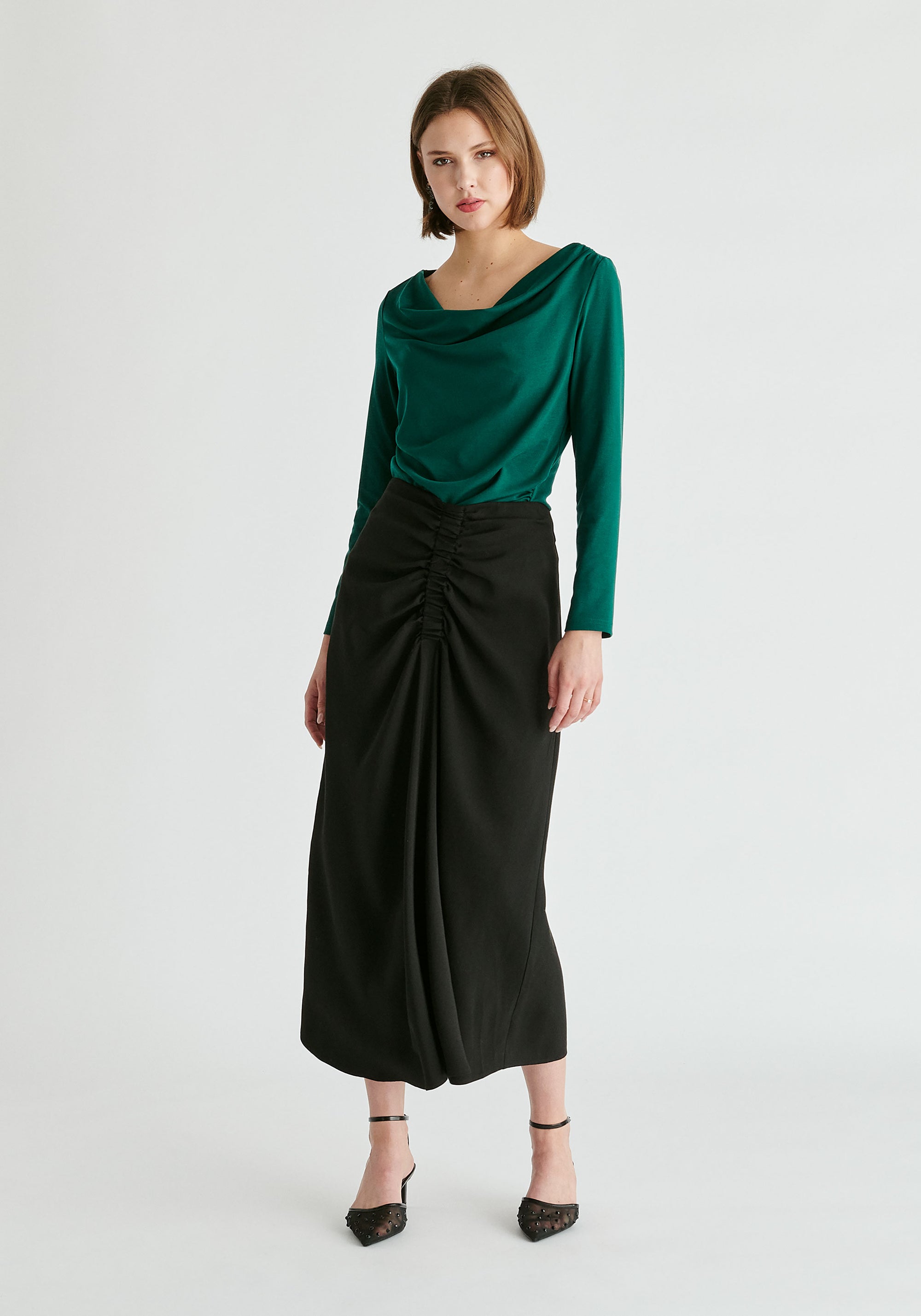 Ruched Jersey Top with Draped Neck in Green Front