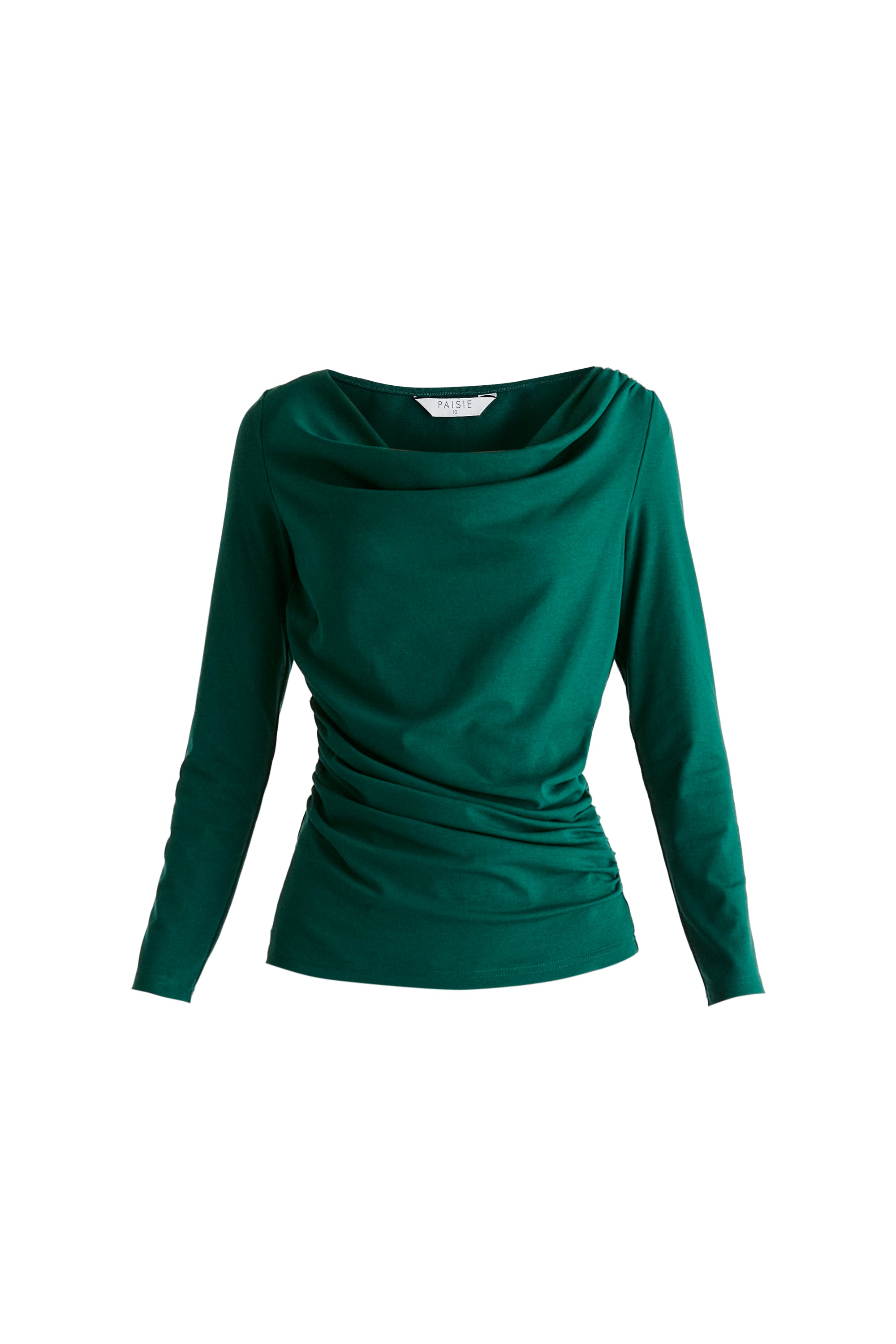 Ruched Jersey Top with Draped Neck in Green Cutout