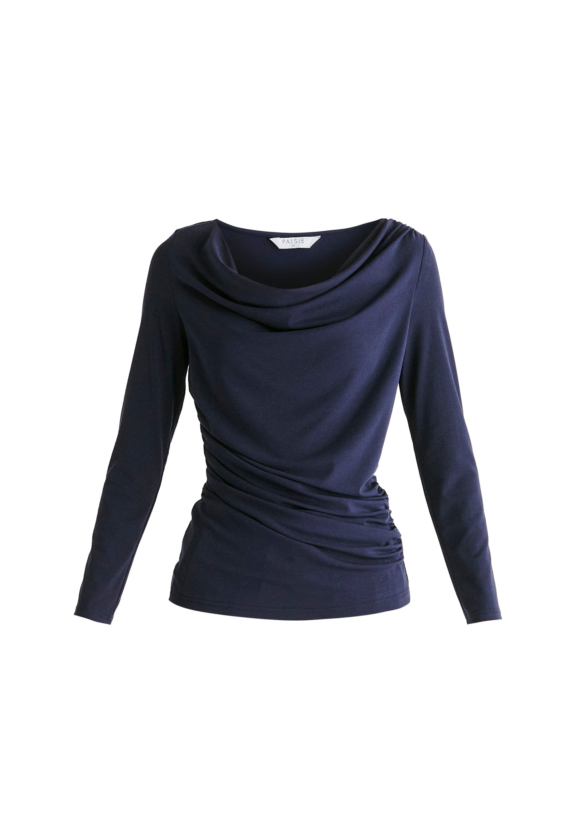 Ruched Jersey Top with Draped Neck in Navy Cutout