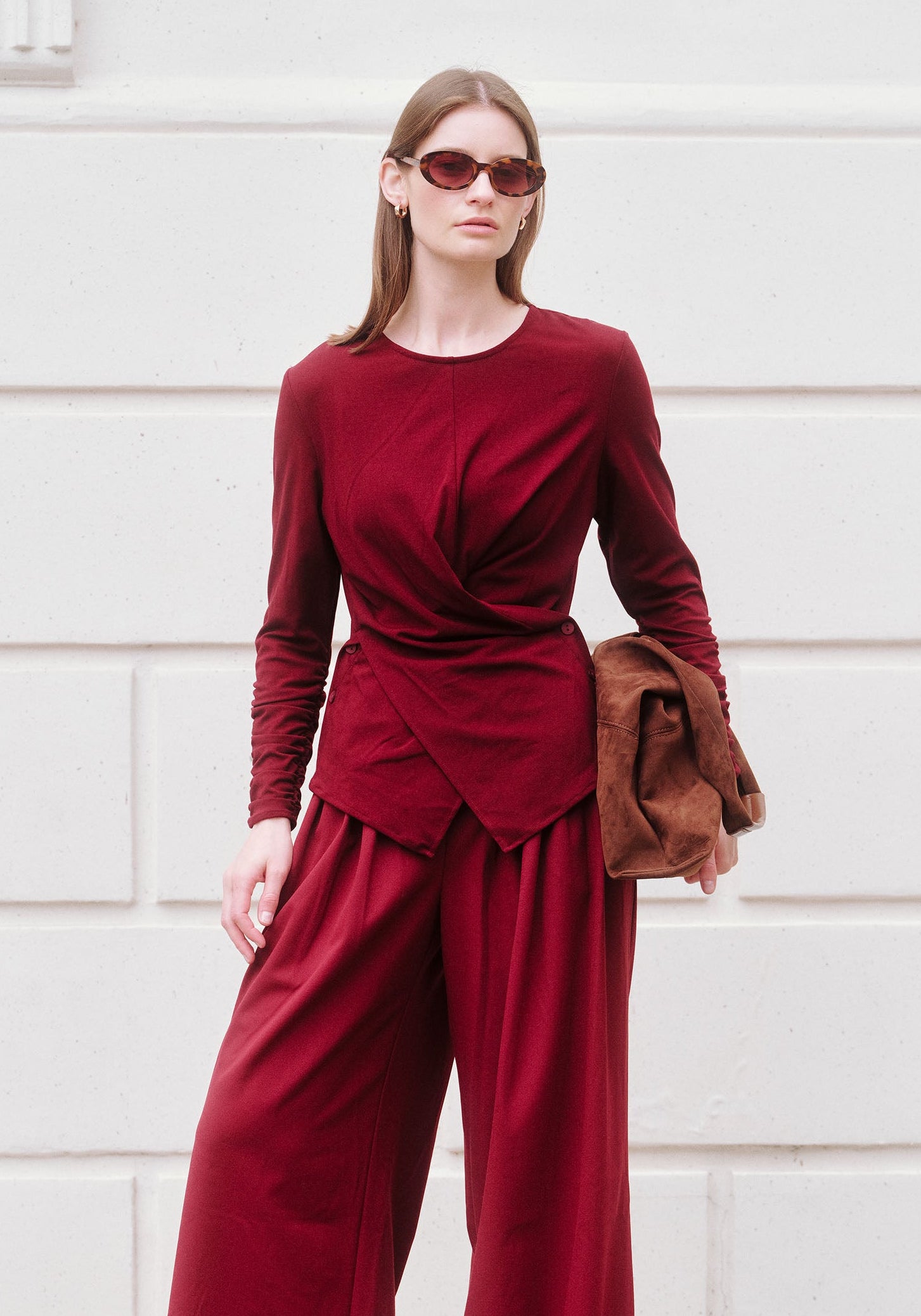 Side Button Jersey Wrap Top in Burgundy Photoshoot
