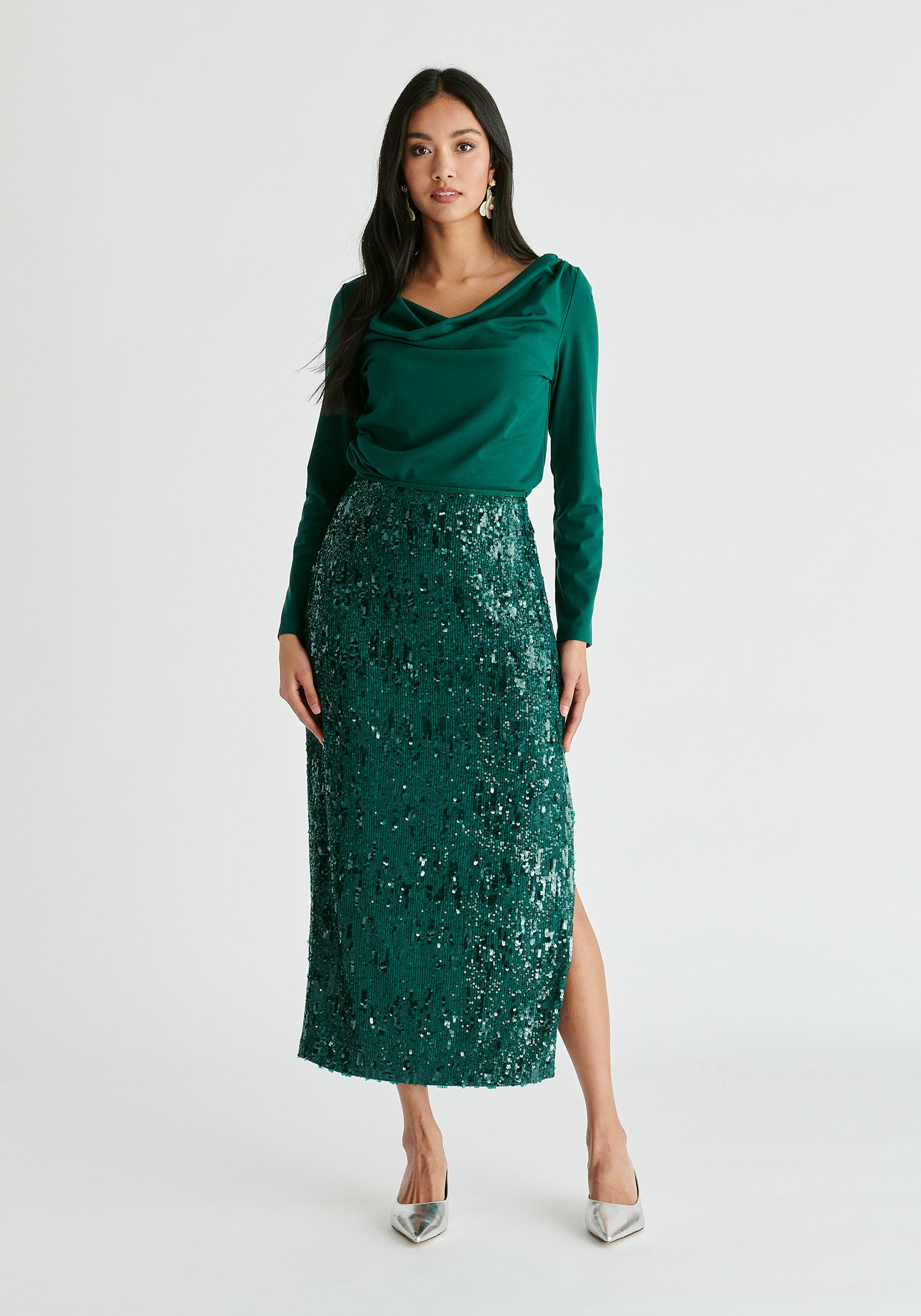 Sequin Midi Skirt with Side Slit in Green Front