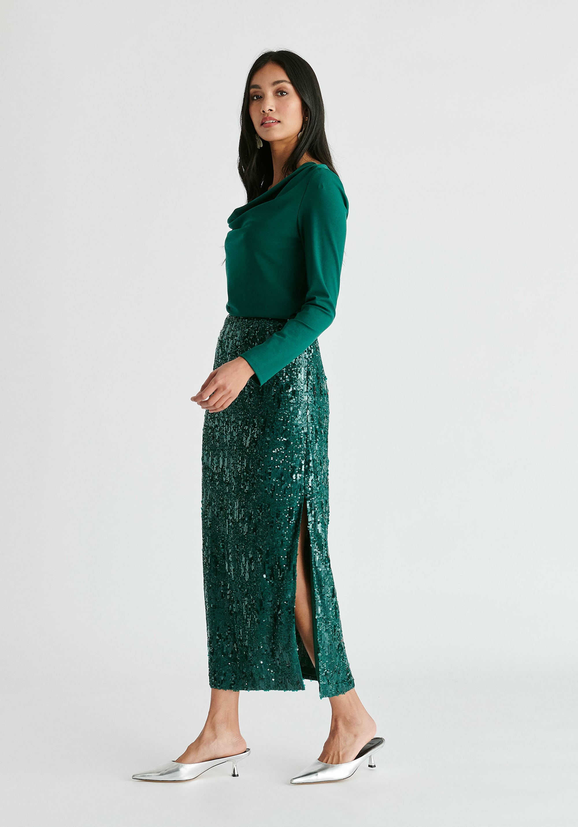 Sequin Midi Skirt with Side Slit in Green Side