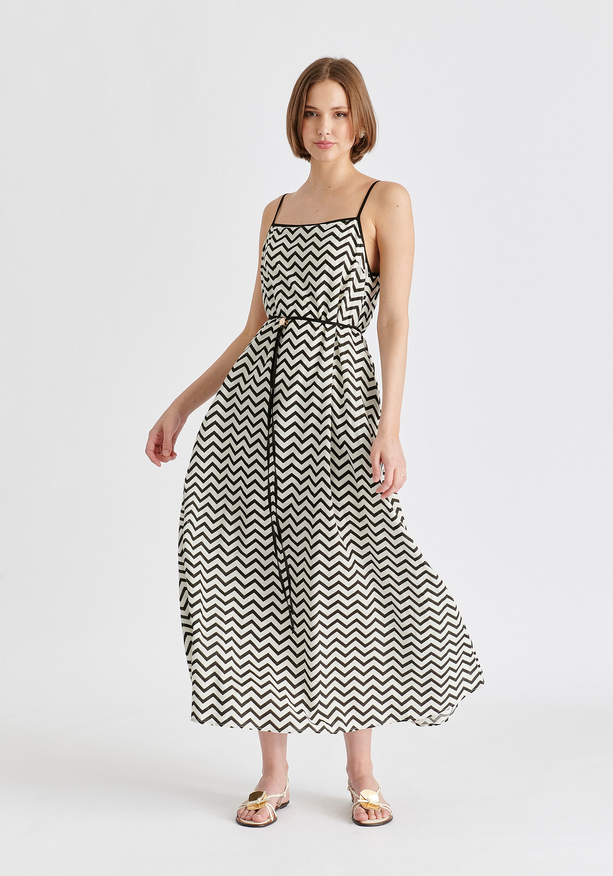 Spaghetti Strap Swing Dress in Zigzag Pattern in White and Black Front