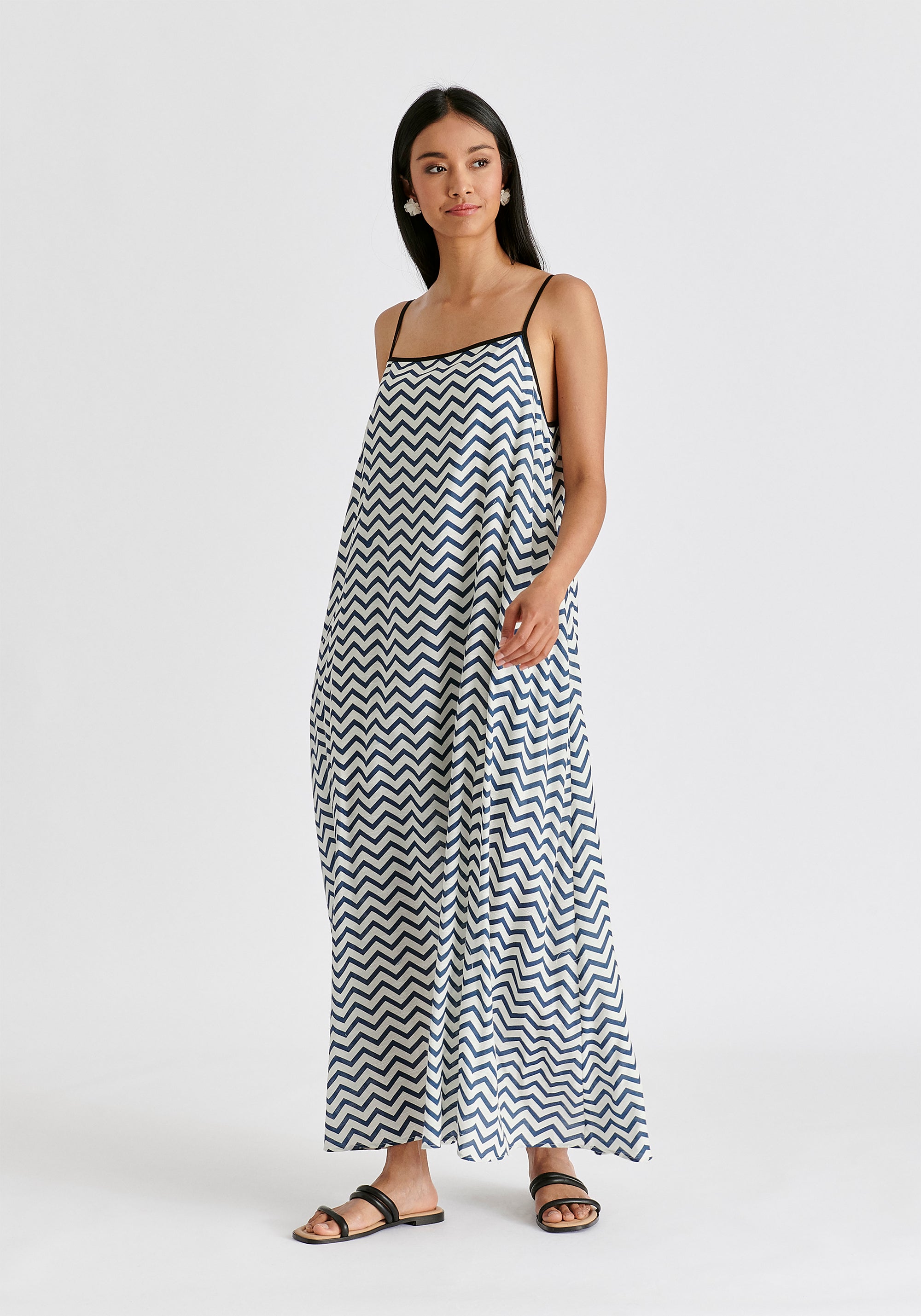 Spaghetti Strap Swing Dress in Zigzag Pattern in White and Blue Front
