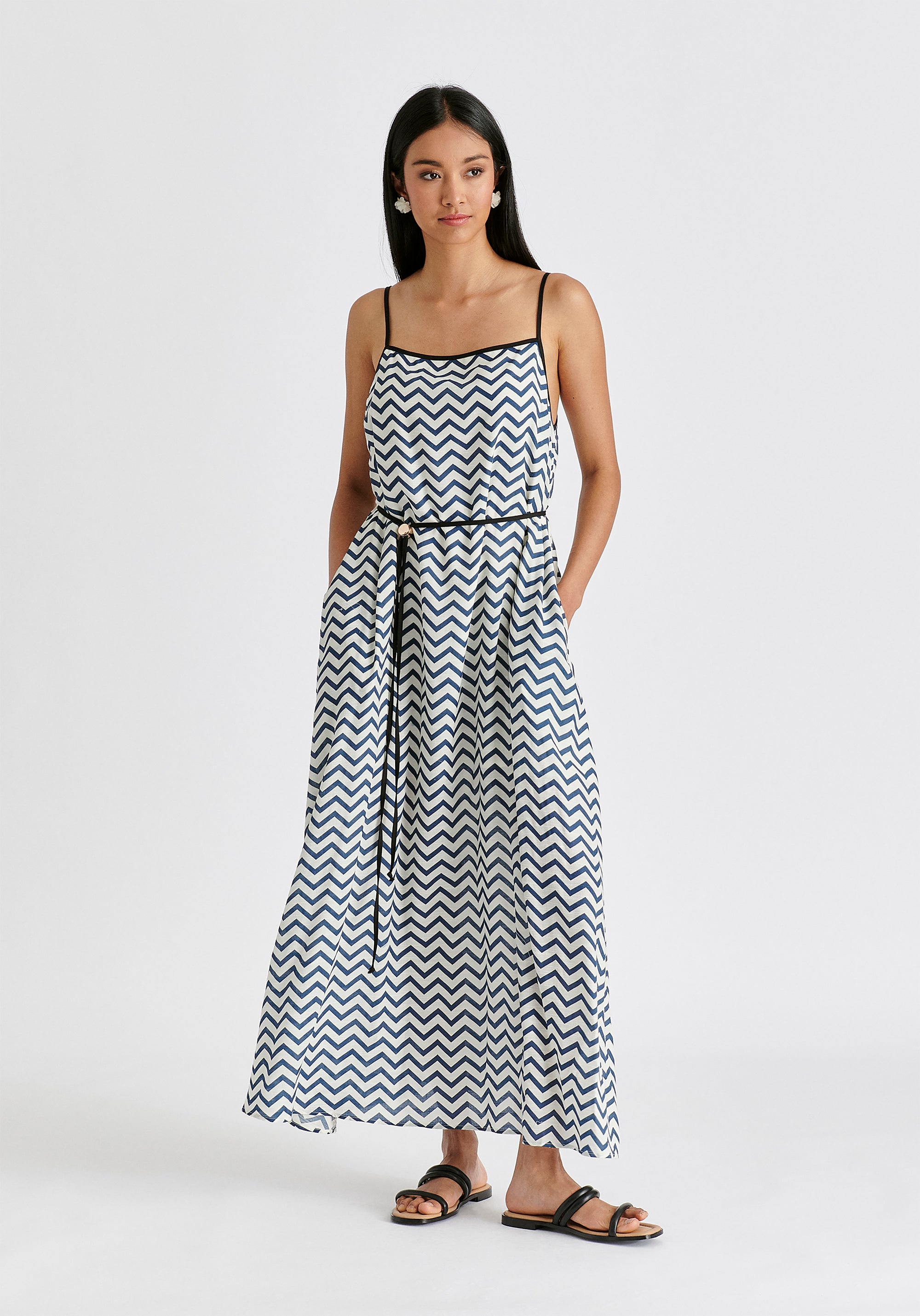 Spaghetti Strap Swing Dress in Zigzag Pattern in White and Blue Front