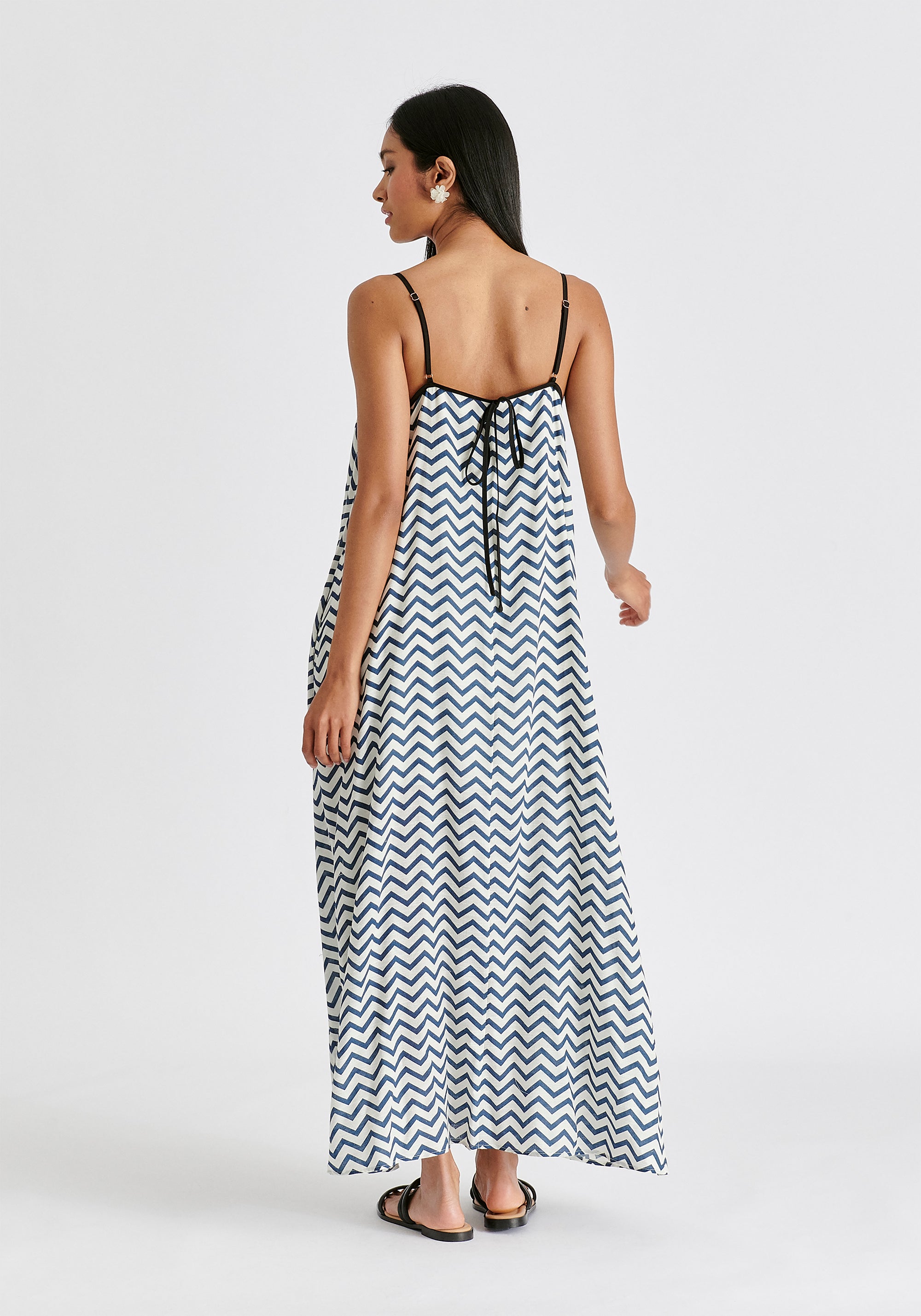 Spaghetti Strap Swing Dress in Zigzag Pattern in White and Blue Back