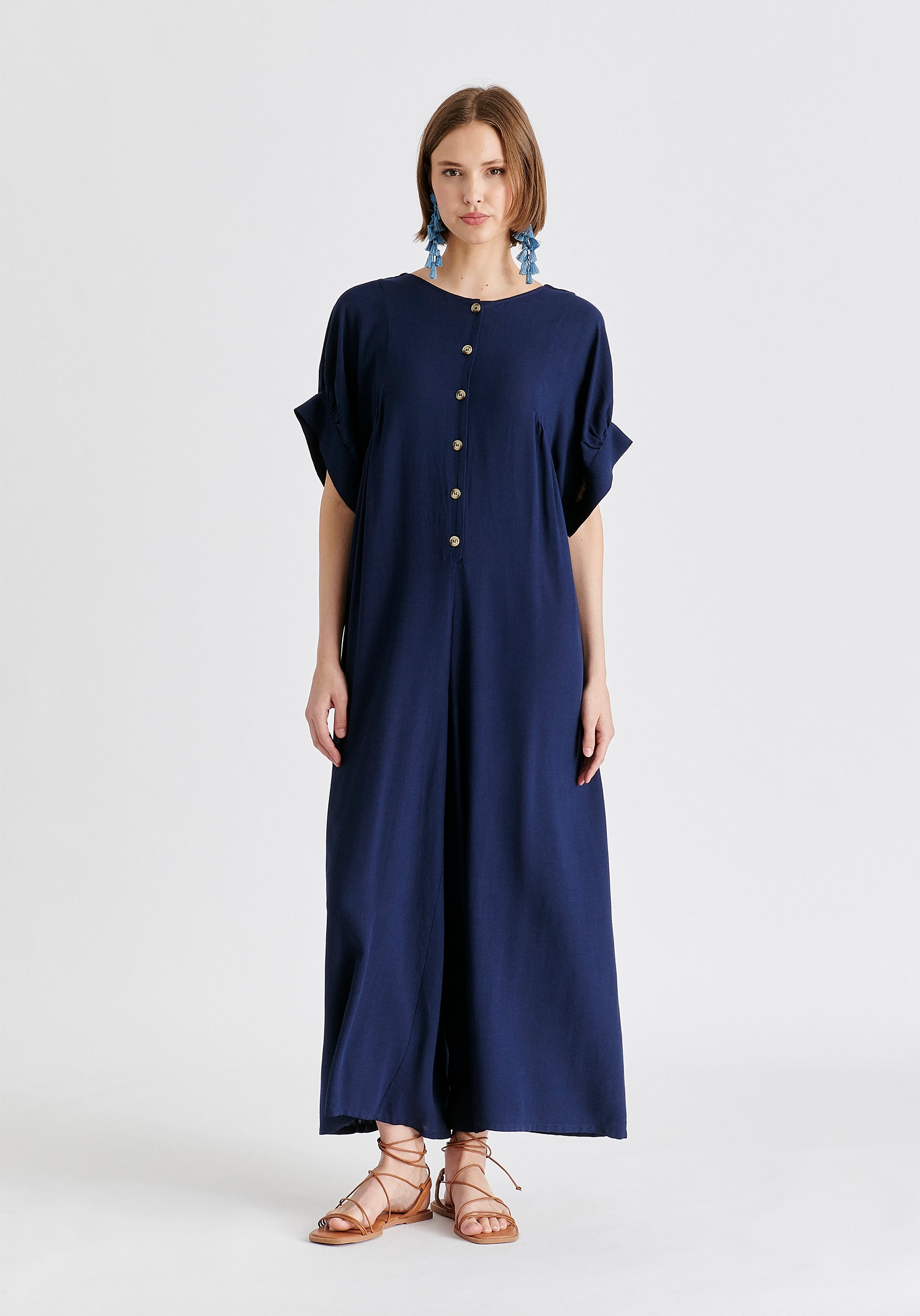 Relaxed Fit Wide Leg Jumpsuit with Belt in Navy Front