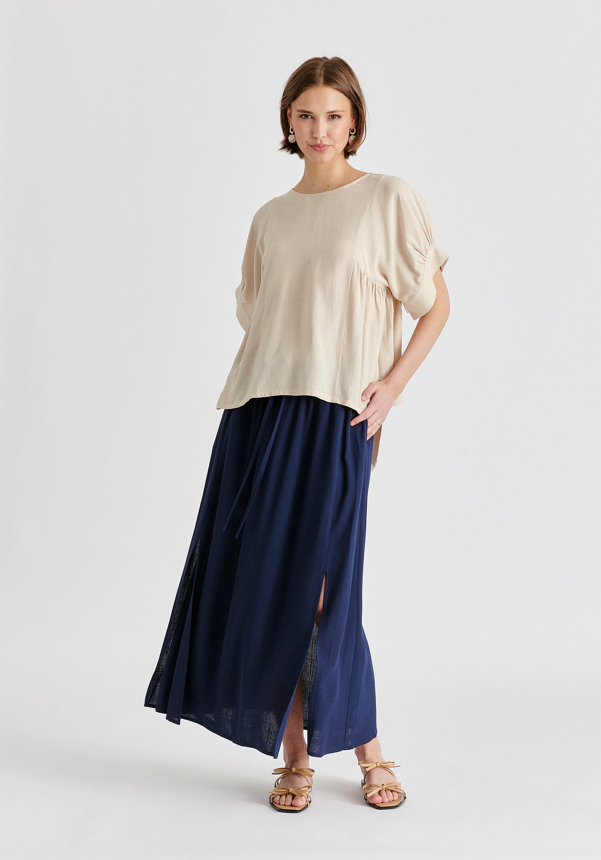 Relaxed Fit Top with Back Bow Detail in Oatmeal Front