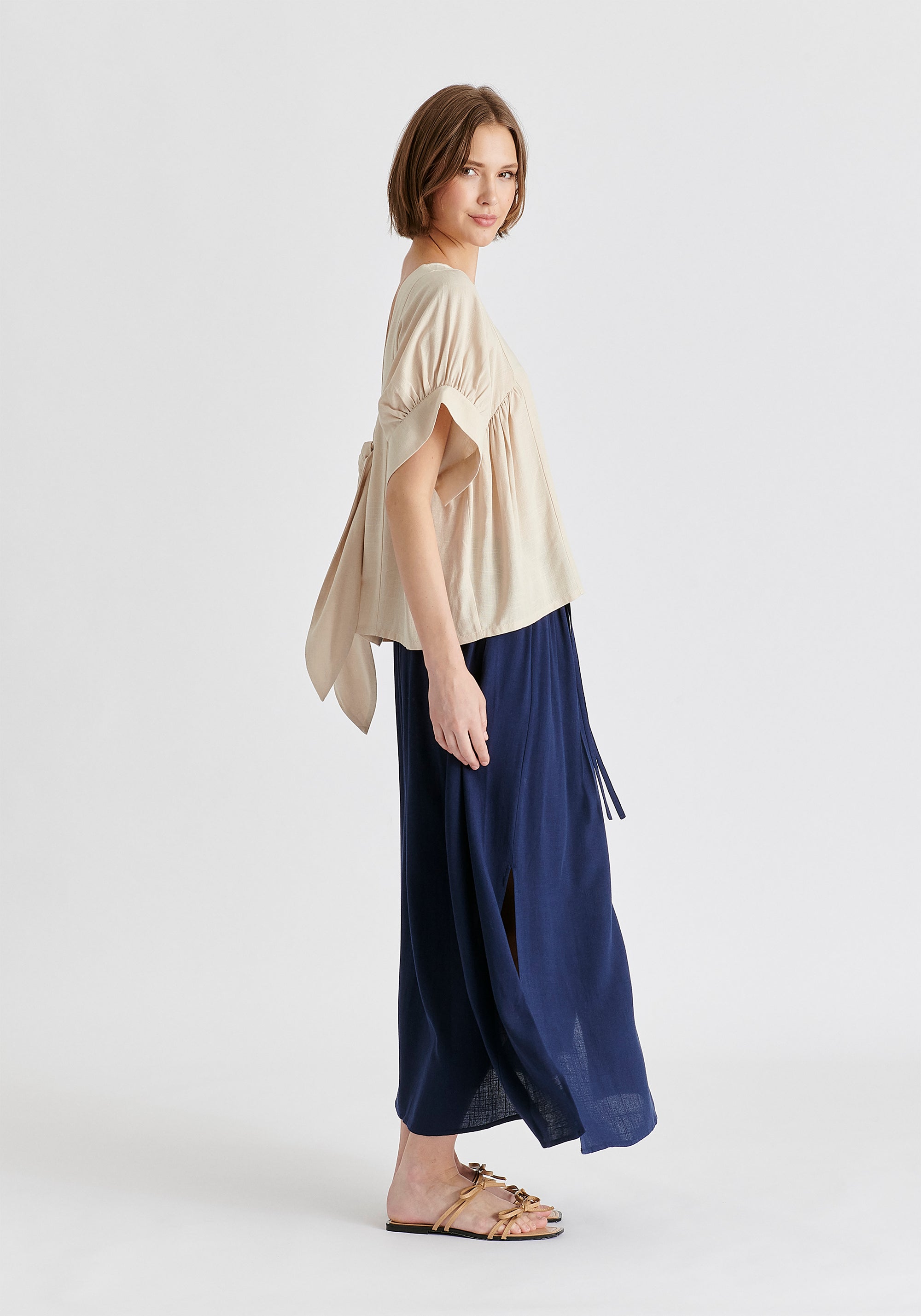 Relaxed Fit Top with Back Bow Detail in Oatmeal Side