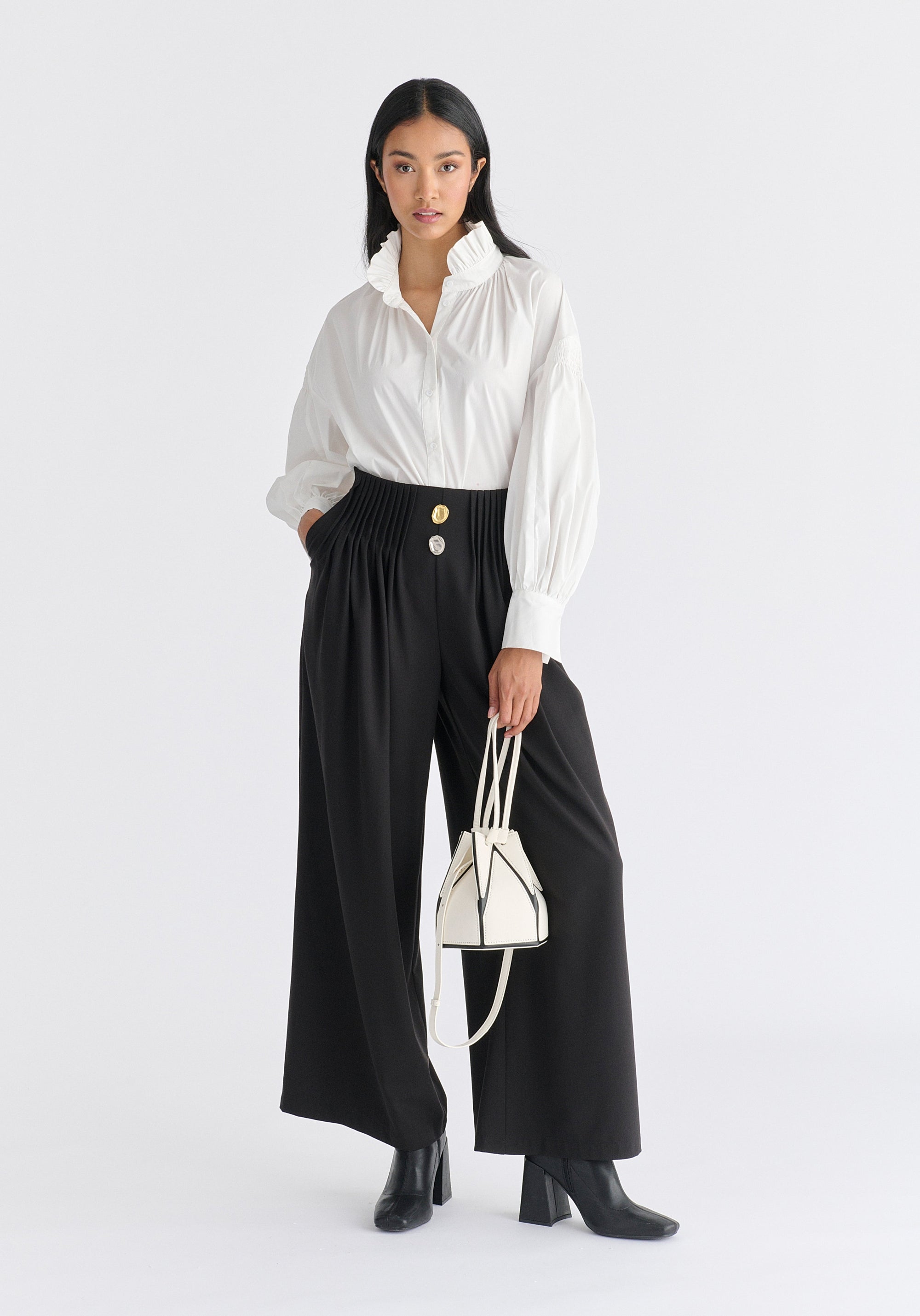 Hexagon Drawstring Bucket Bag in White and Black Front