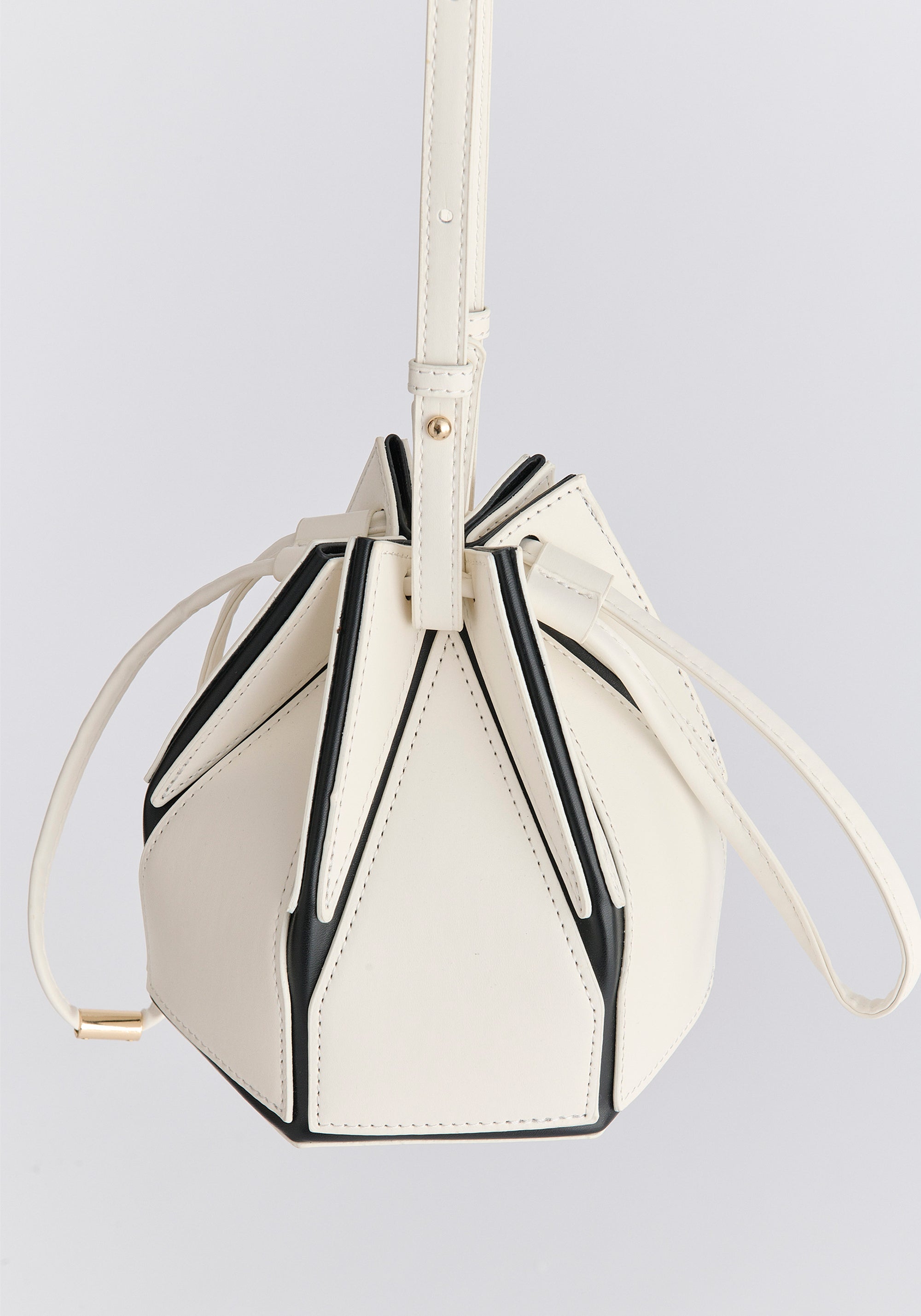 Hexagon Drawstring Bucket Bag in White and Black