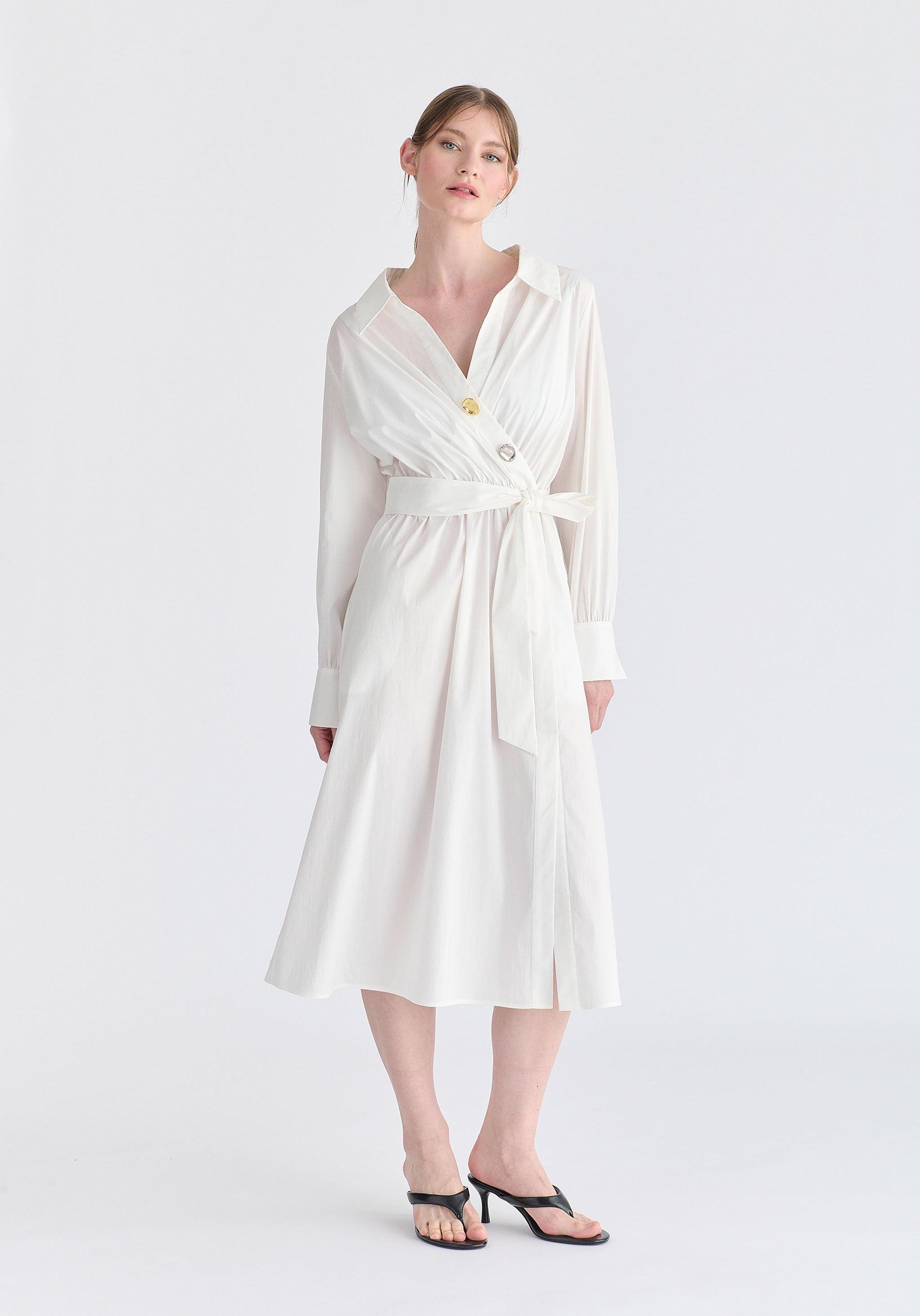 Wrap Midi Shirt Dress with Metallic Button Details