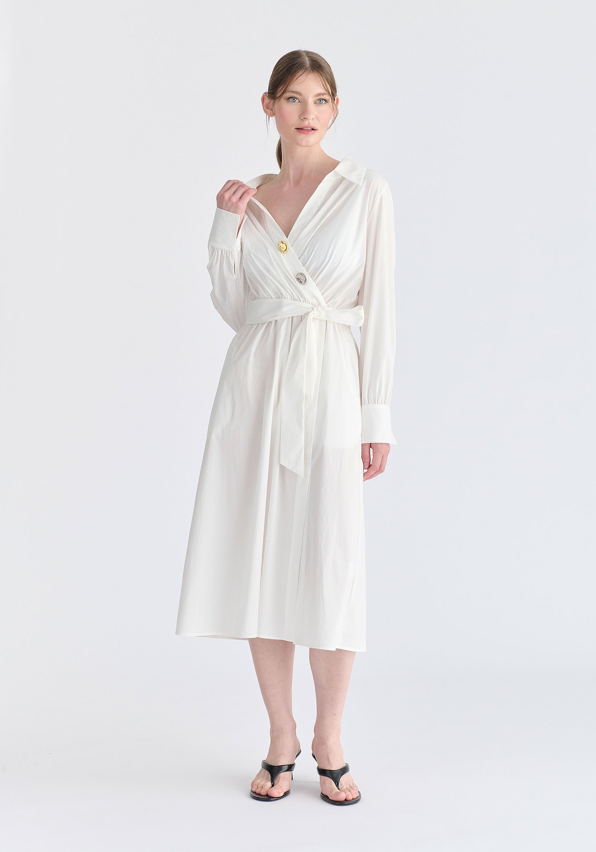 Wrap Midi Shirt Dress with Metallic Button Details