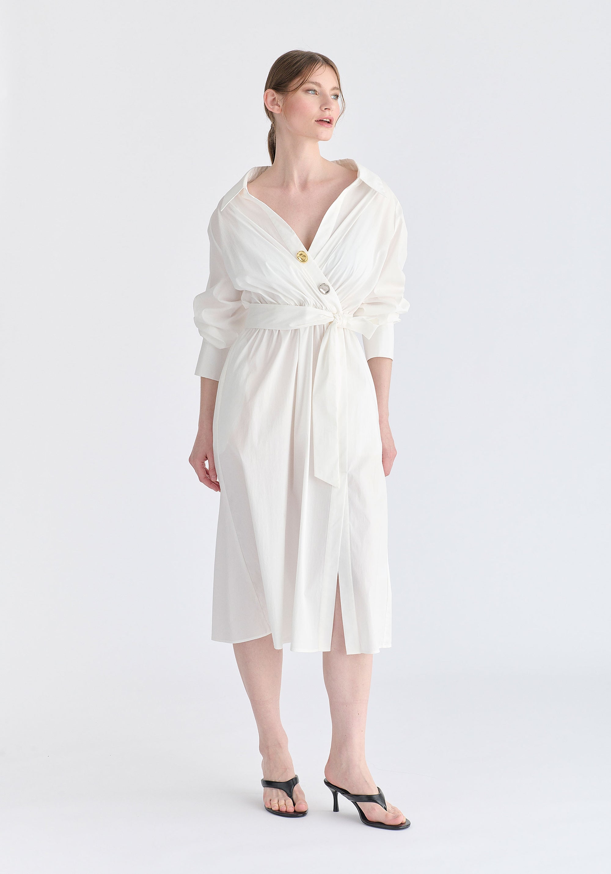 Wrap Midi Shirt Dress with Metallic Button Details