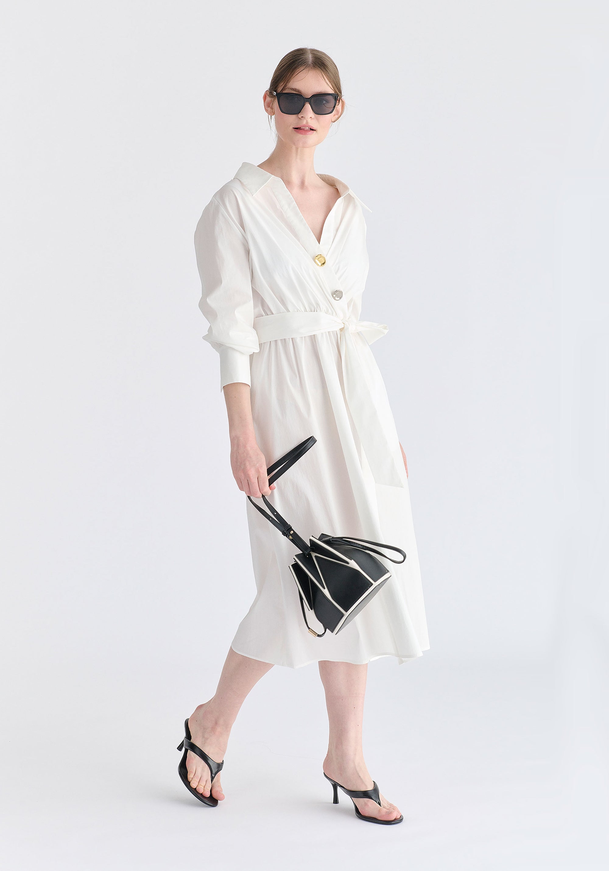 Wrap Midi Shirt Dress with Metallic Button Details