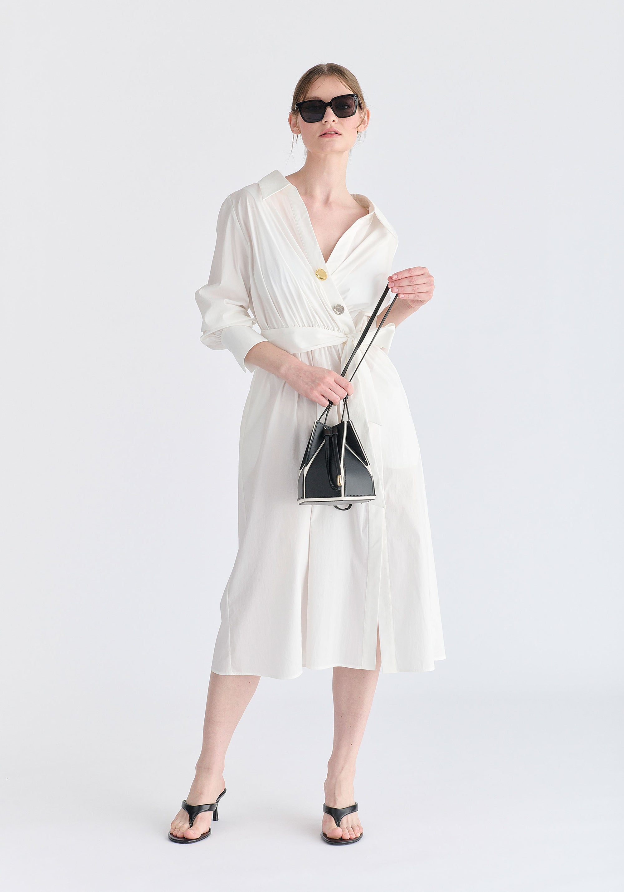 Wrap Midi Shirt Dress with Metallic Button Details