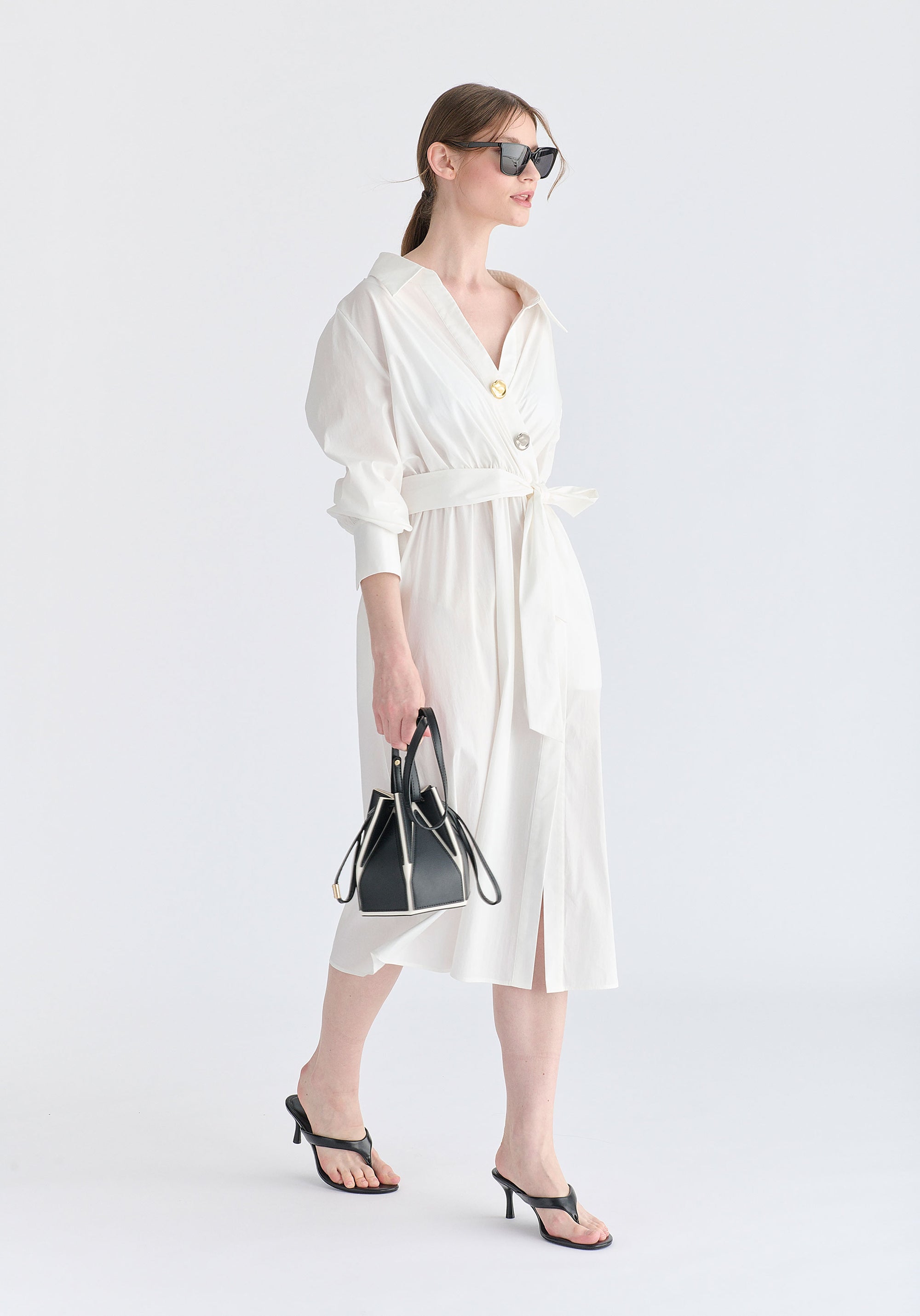Wrap Midi Shirt Dress with Metallic Button Details