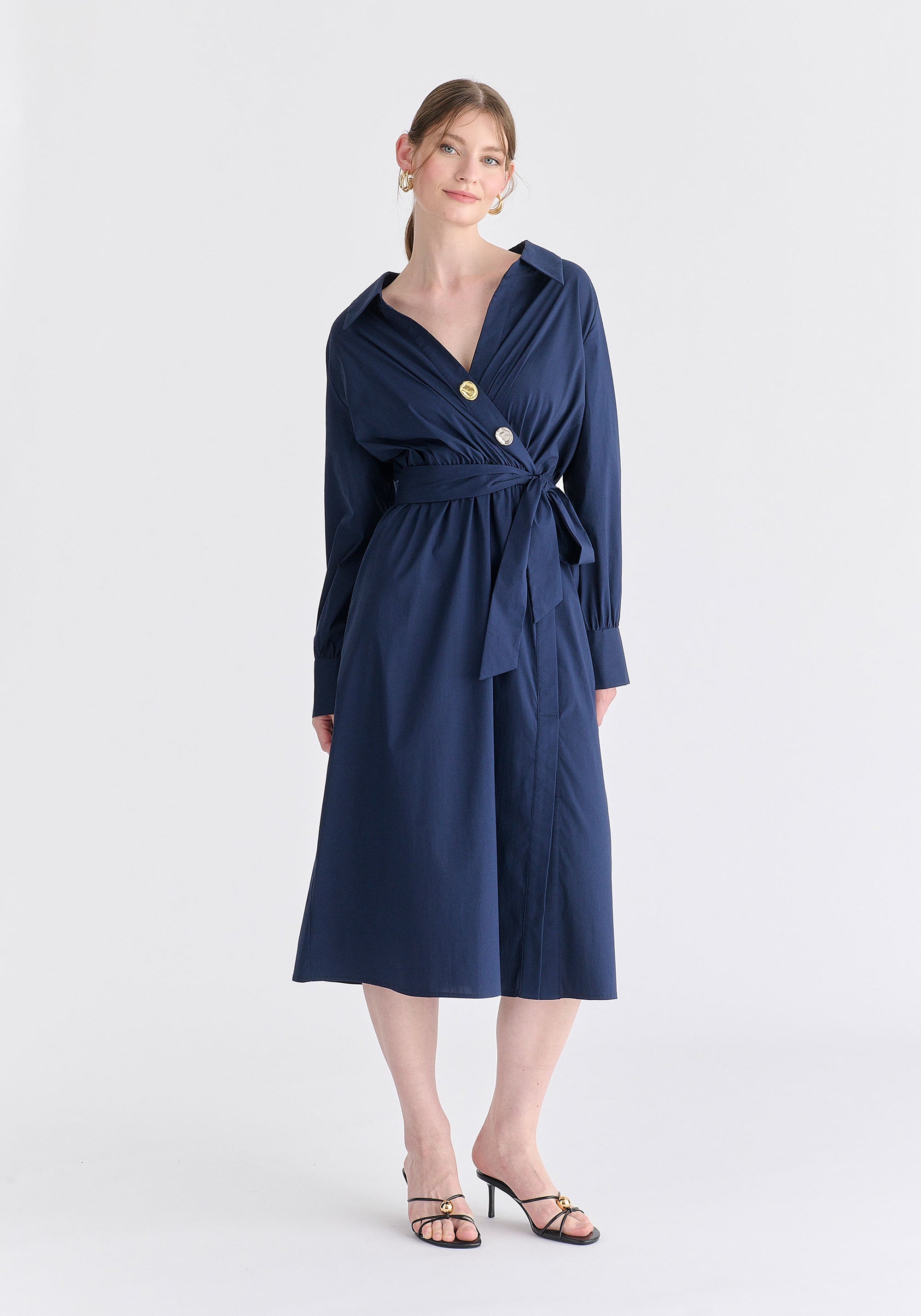 Wrap Midi Shirt Dress with Metallic Button Details in Navy Front