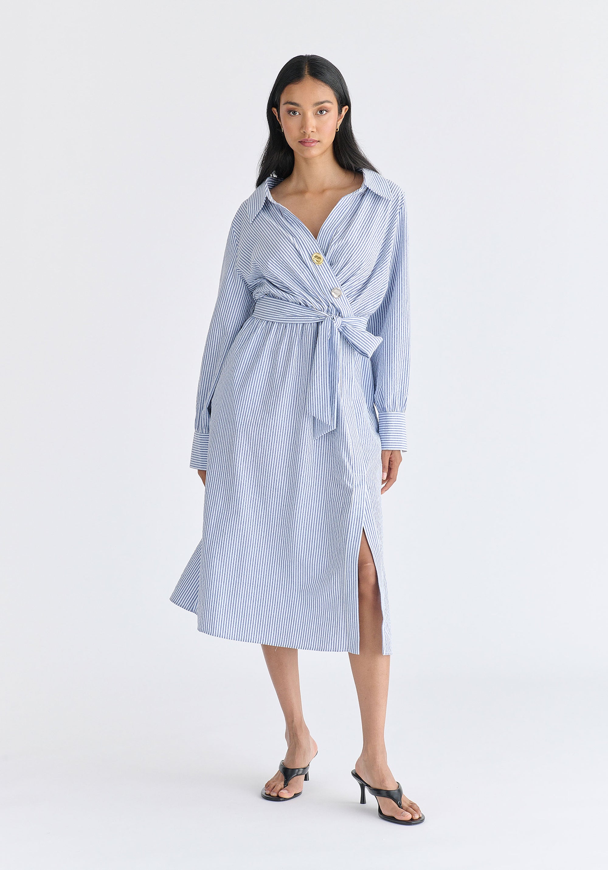 Wrap Midi Shirt Dress with Metallic Button Details