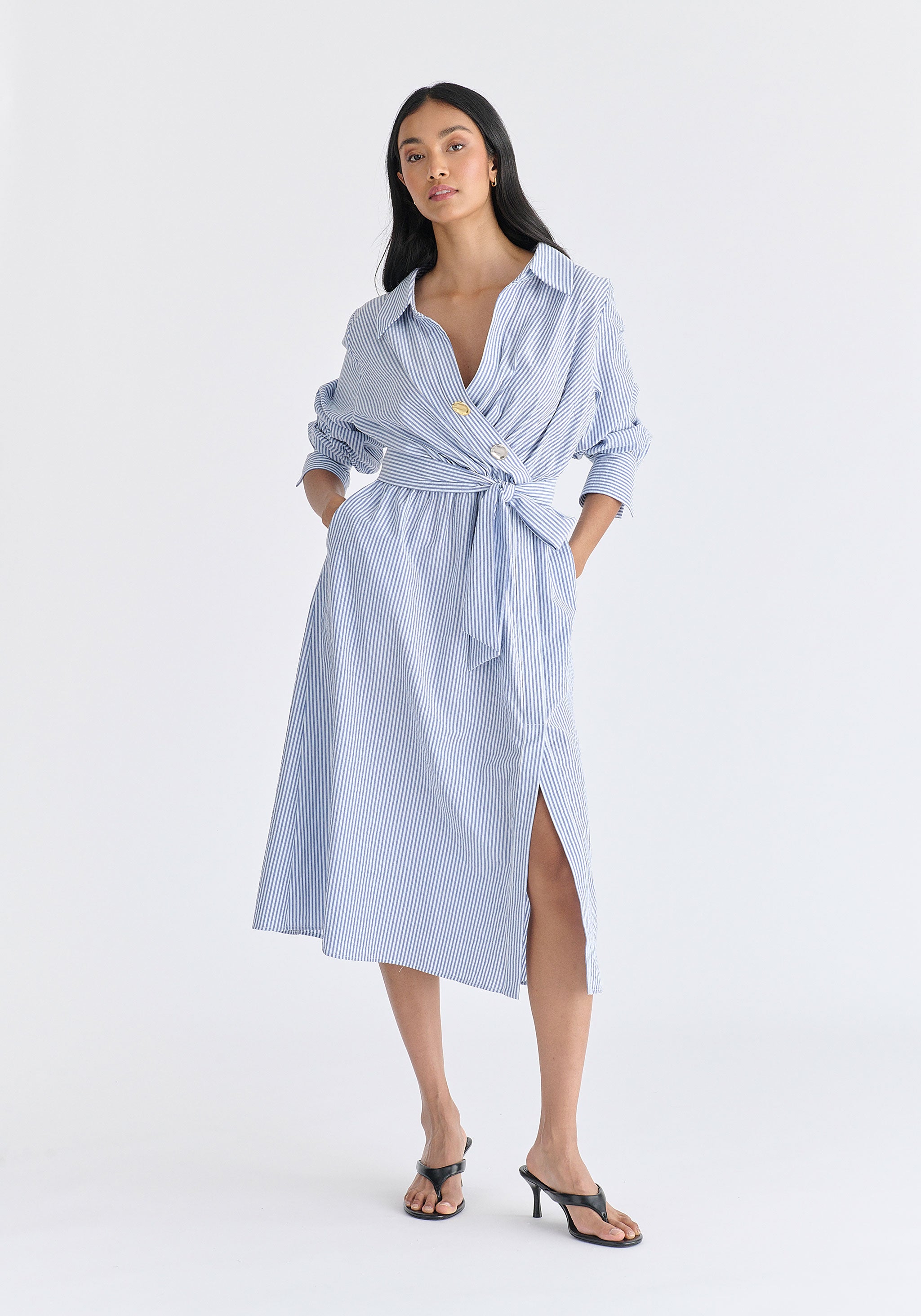 wrap shirts and dresses Wrap Midi Shirt Dress with Metallic Button Details in Blue Stripes
