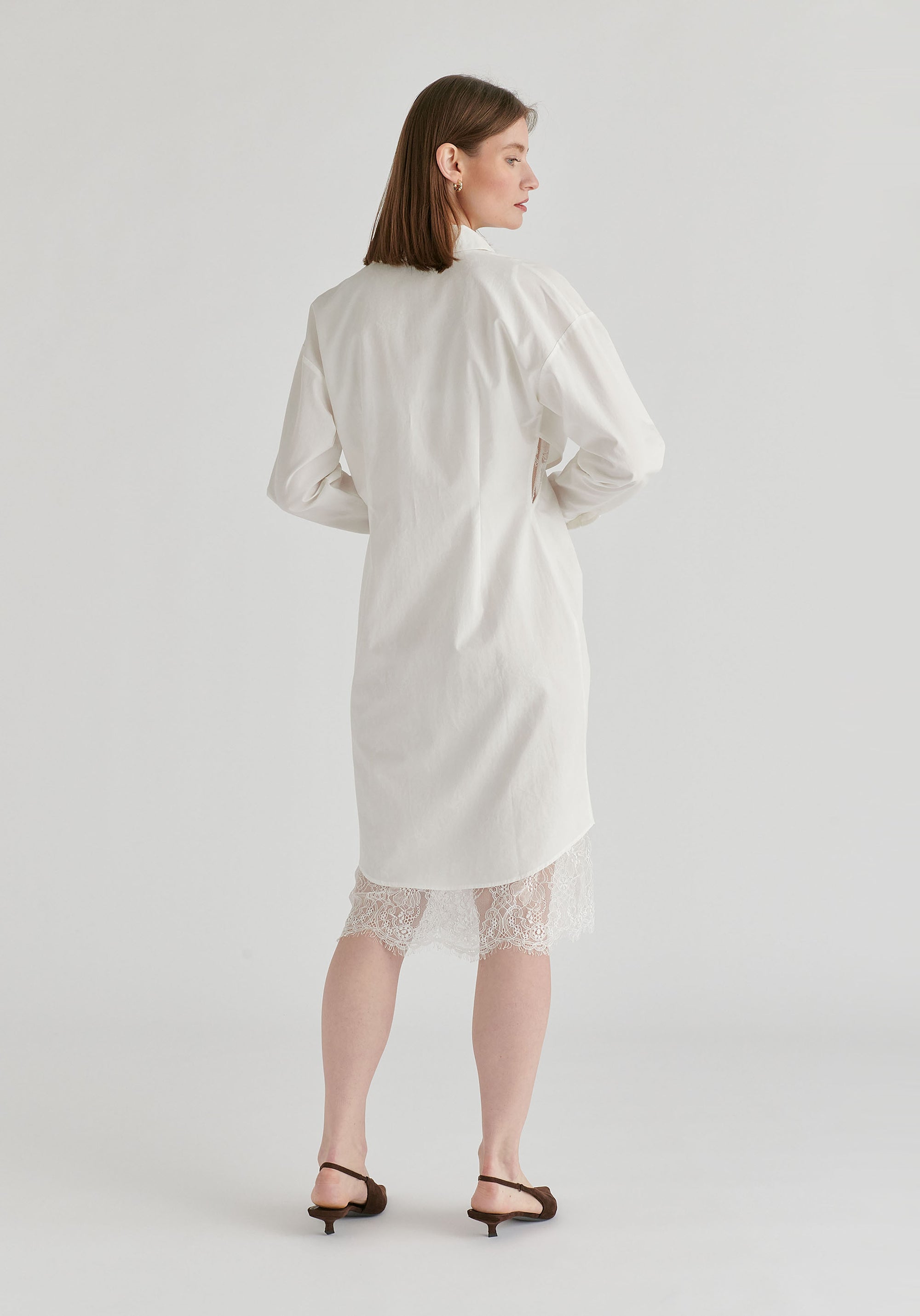 2-Piece Shirt Dress Set with Lace Underlay and Waist Cut Outs in White Back