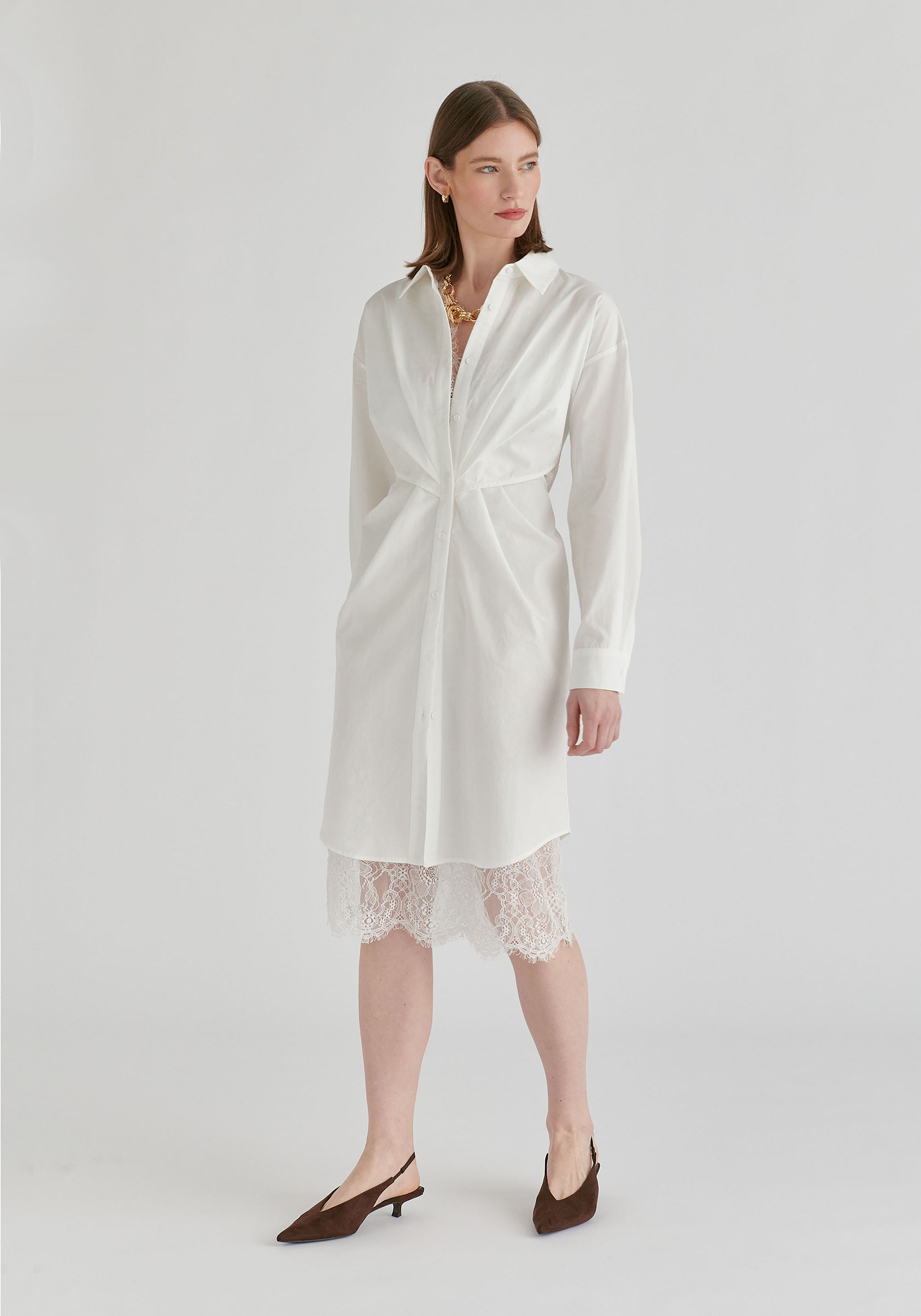 2-Piece Shirt Dress Set with Lace Underlay and Waist Cut Outs in White