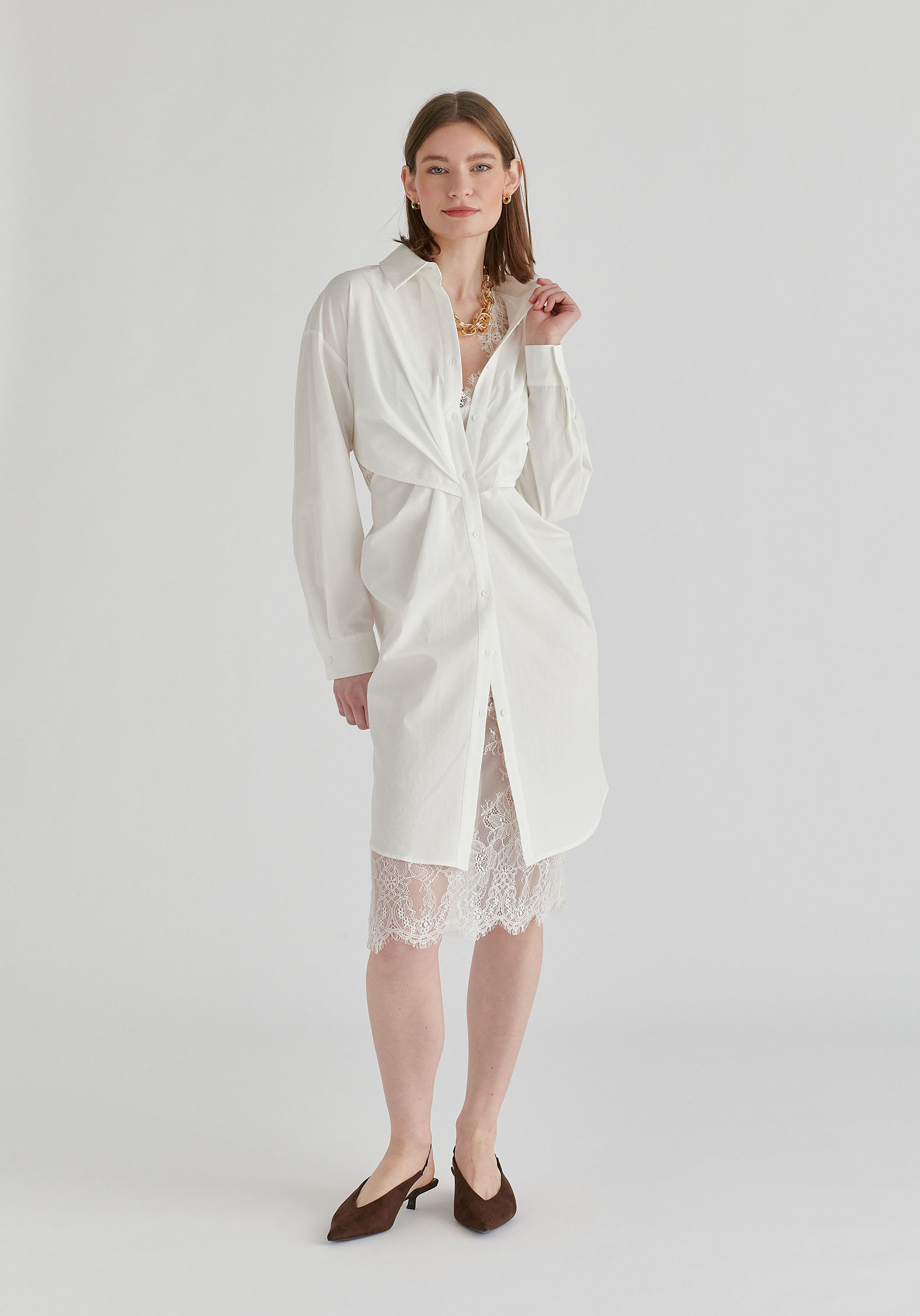 2-Piece Shirt Dress Set with Lace Underlay and Waist Cut Outs in White Front