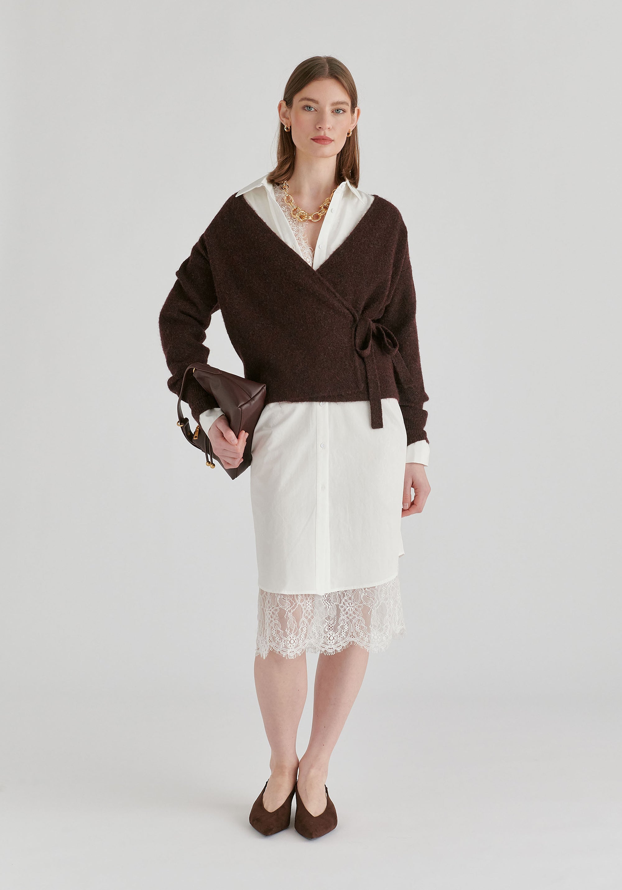 2-Piece Shirt Dress Set with Lace Underlay and Waist Cut Outs in White Front