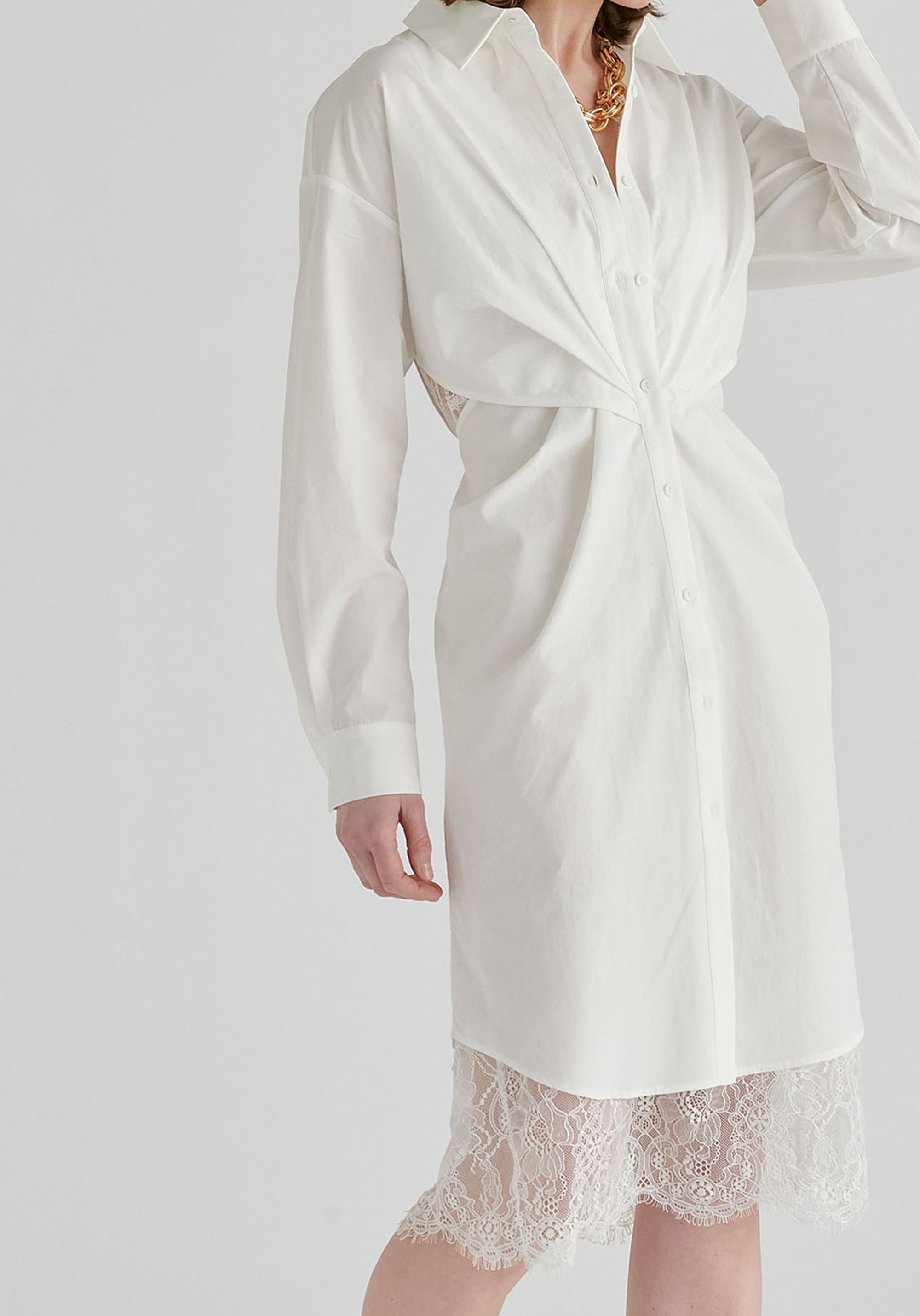 2-Piece Shirt Dress Set with Lace Underlay and Waist Cut Outs in White Closeup