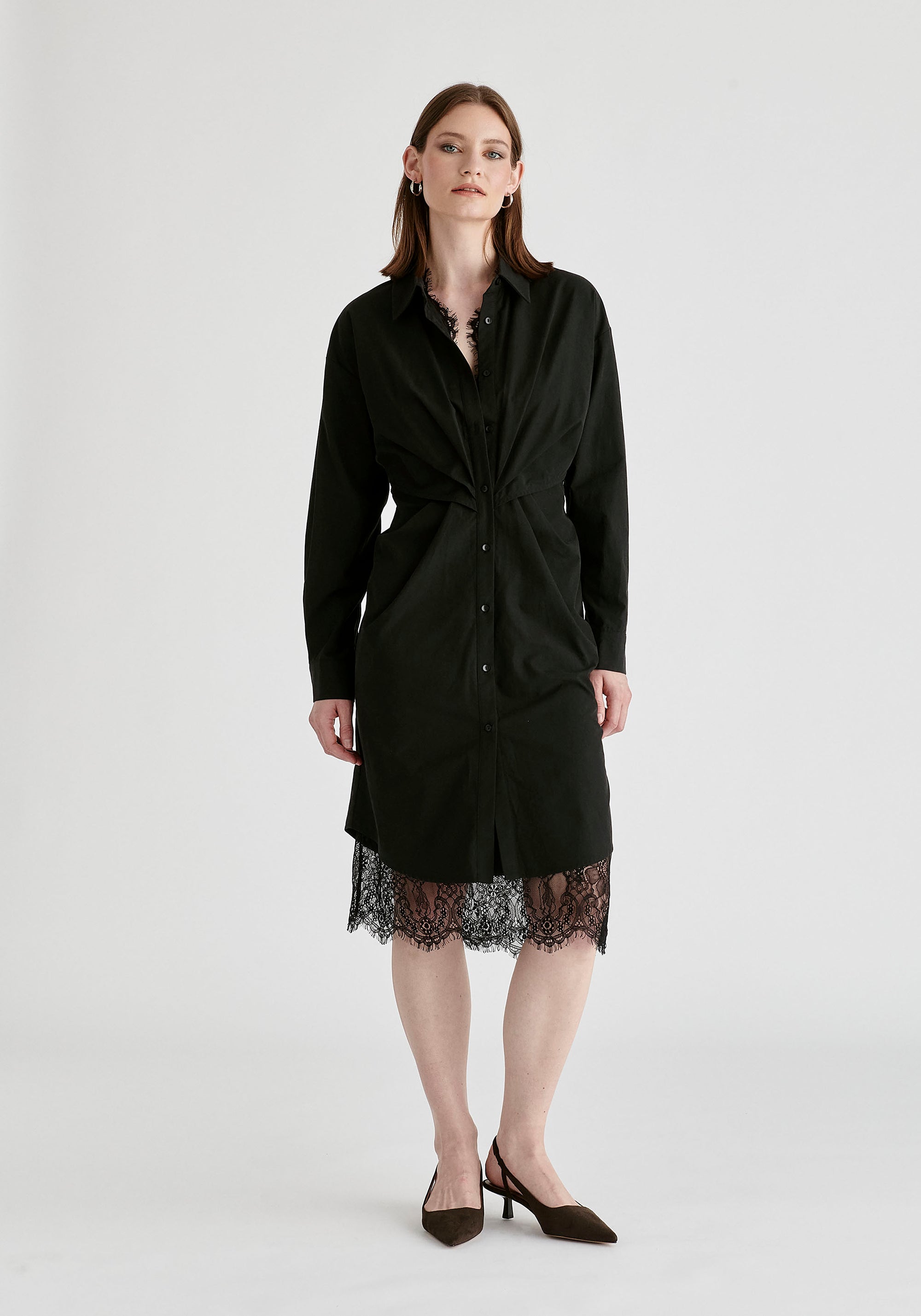 2-Piece Shirt Dress Set with Lace Underlay and Waist Cut Outs in Black Front