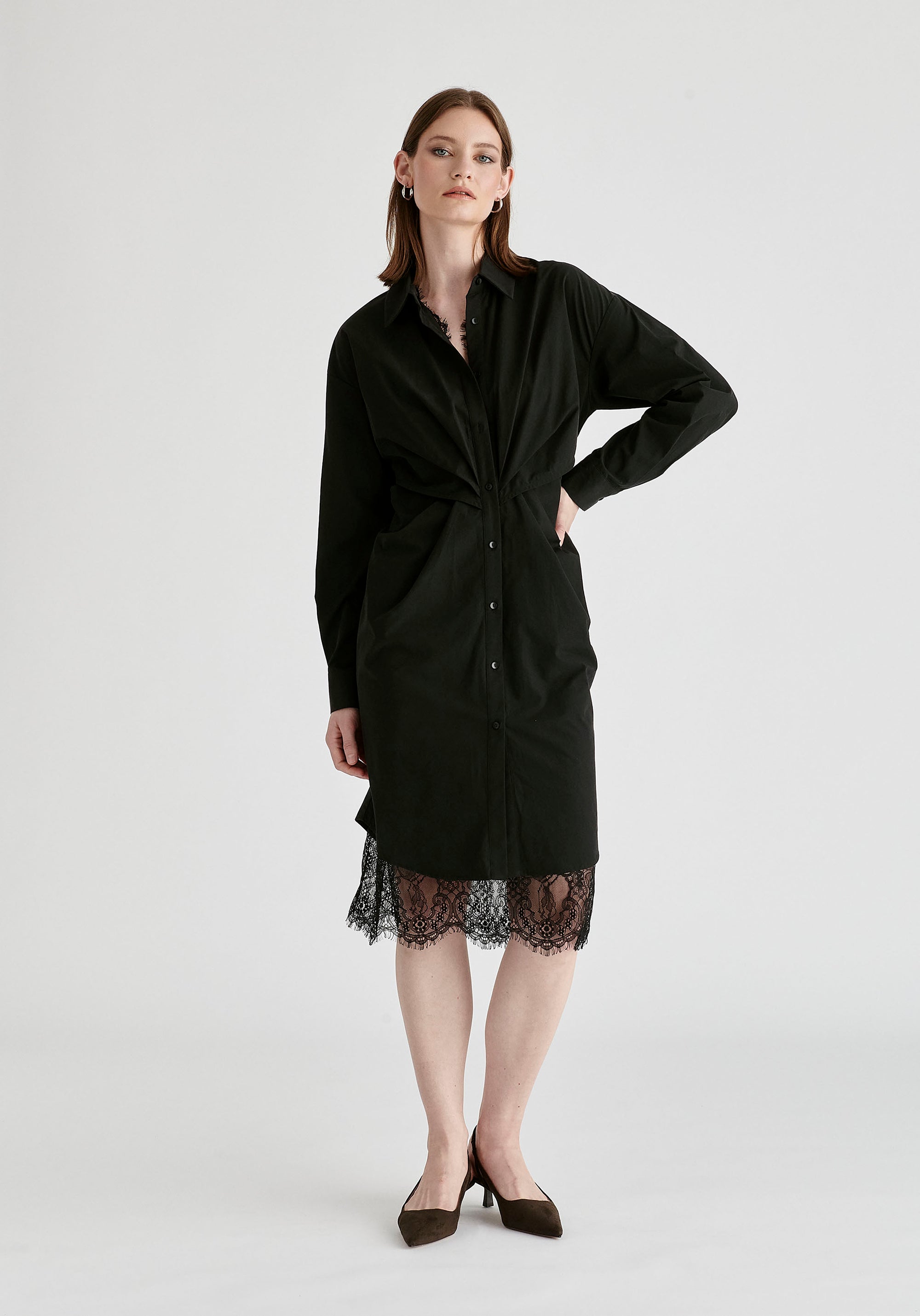 2-Piece Shirt Dress Set with Lace Underlay and Waist Cut Outs in Black Front