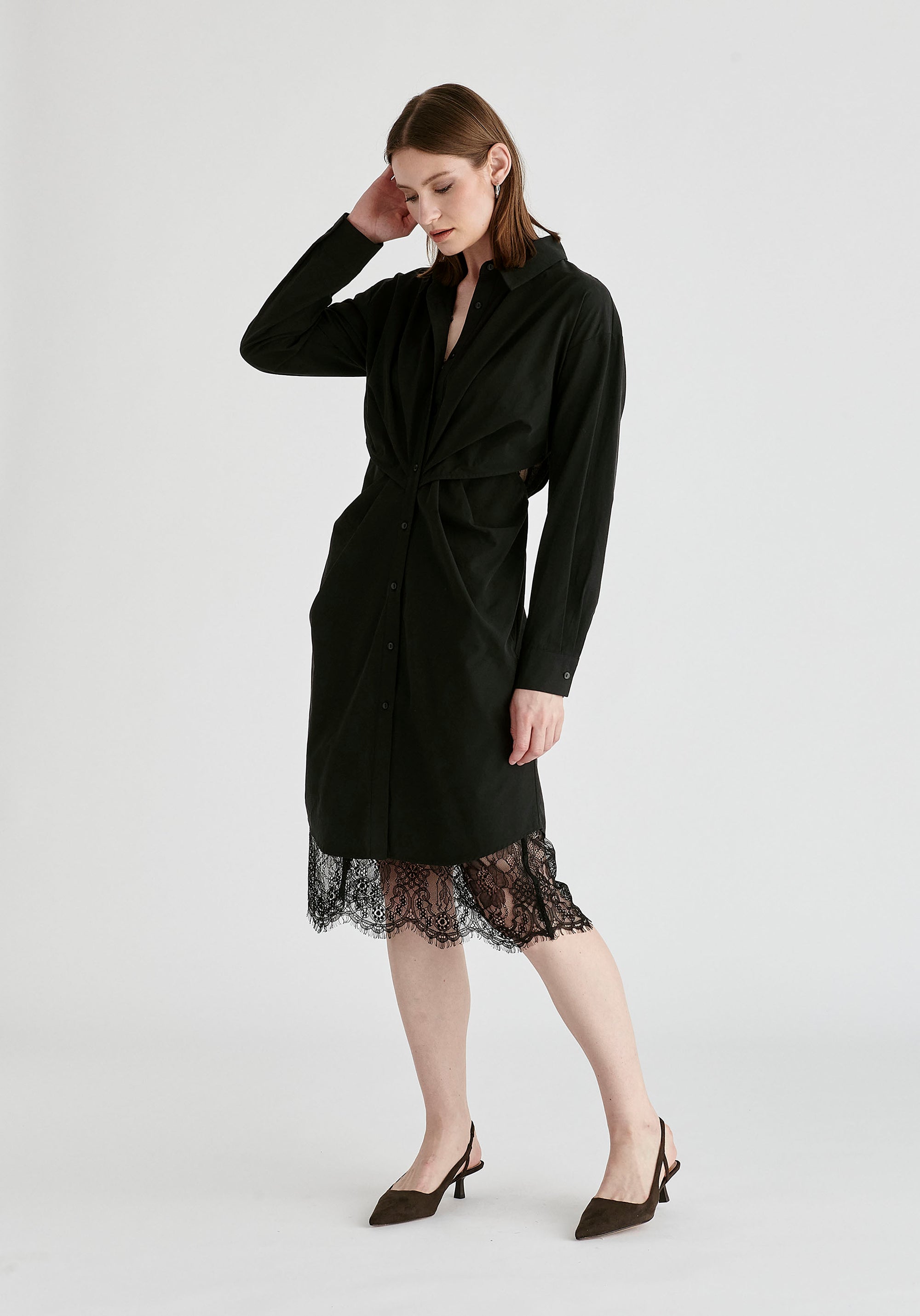 2-Piece Shirt Dress Set with Lace Underlay and Waist Cut Outs in Black Side