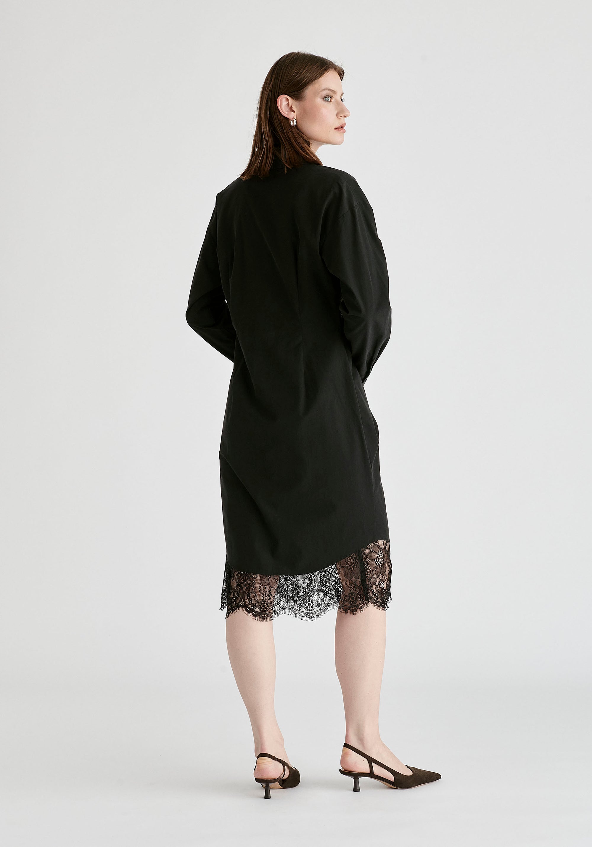 2-Piece Shirt Dress Set with Lace Underlay and Waist Cut Outs in Black Back