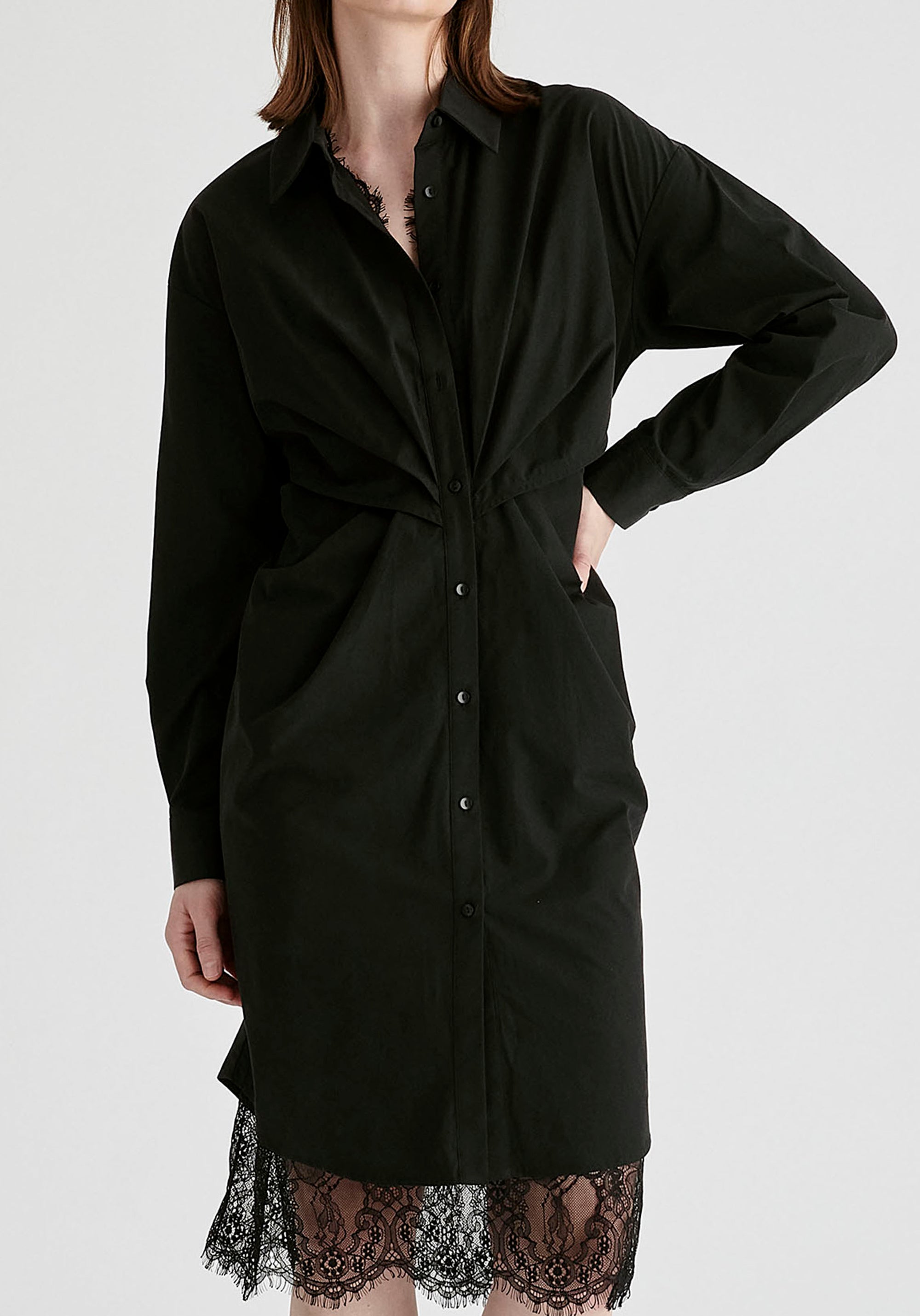 2-Piece Shirt Dress Set with Lace Underlay and Waist Cut Outs in Black Closeup