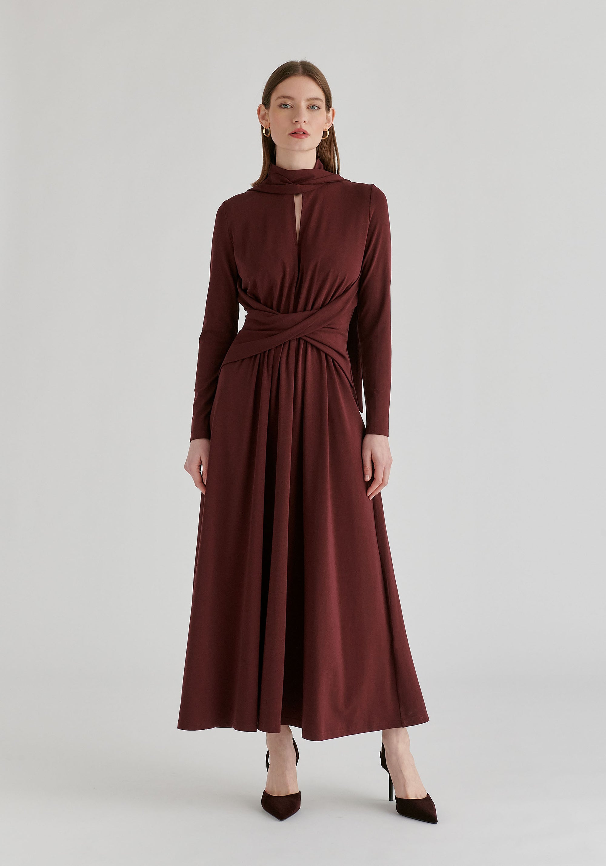 Lyocell Jersey Midi Dress with Cross Front Waist and Convertible Scarf