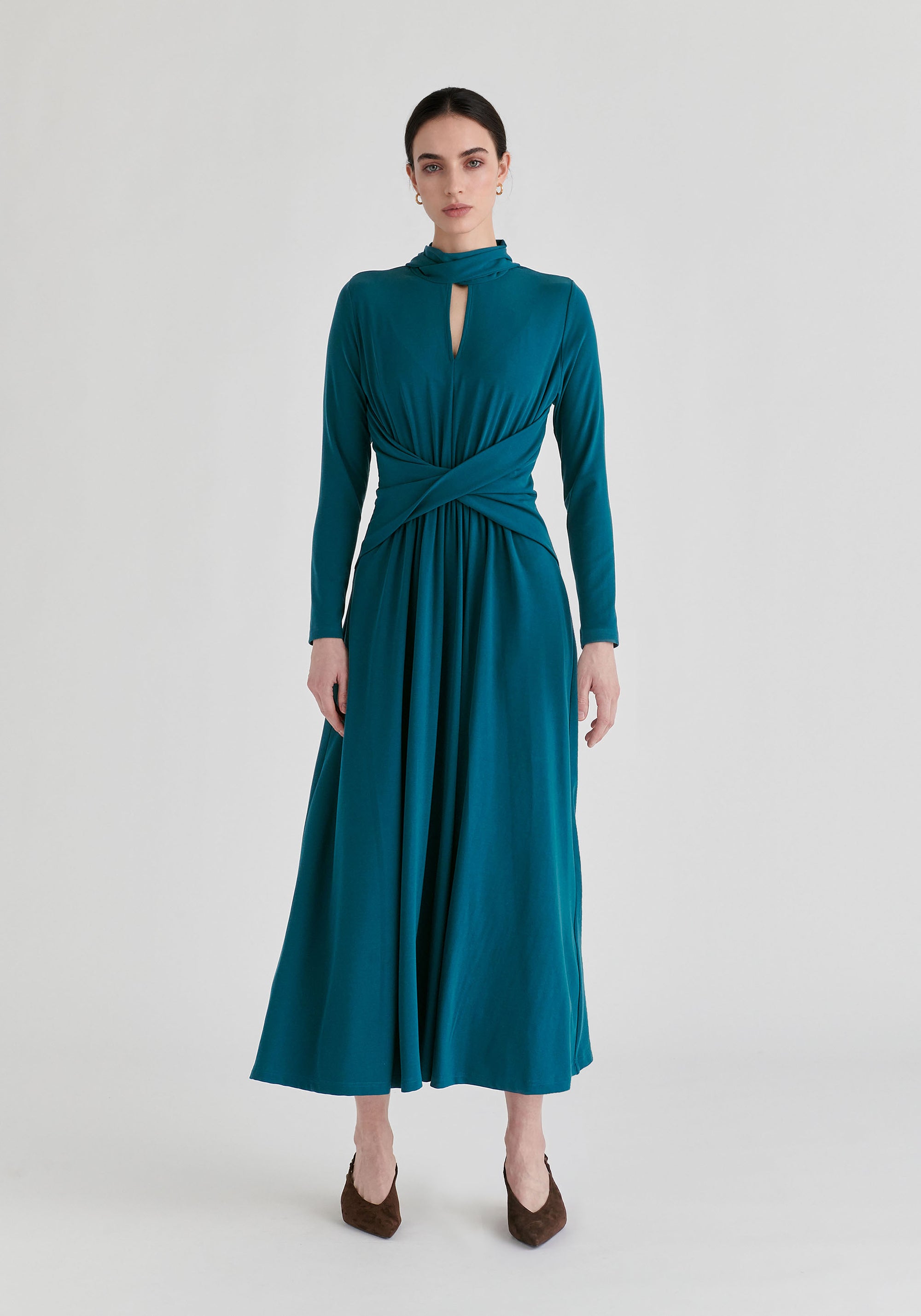 Lyocell Jersey Midi Dress with Cross Front Waist and Convertible Scarf