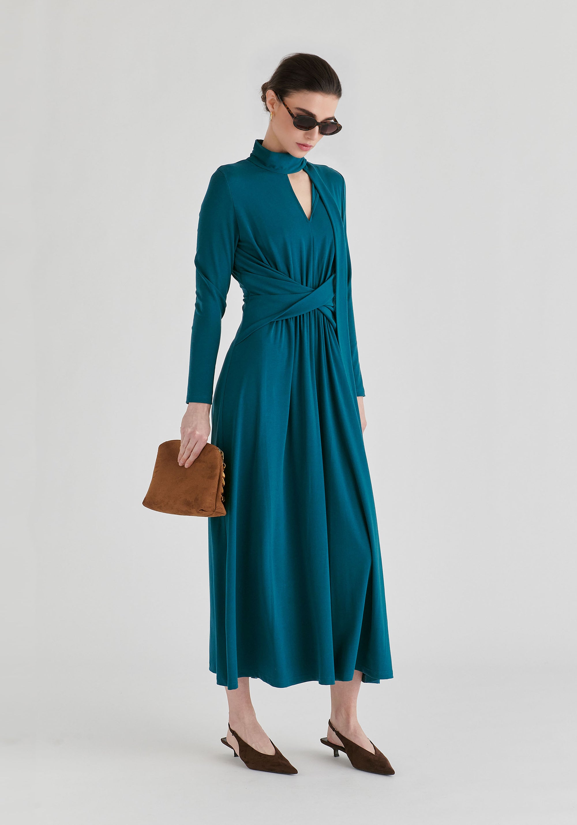 Lyocell Jersey Midi Dress with Cross Front Waist and Convertible Scarf